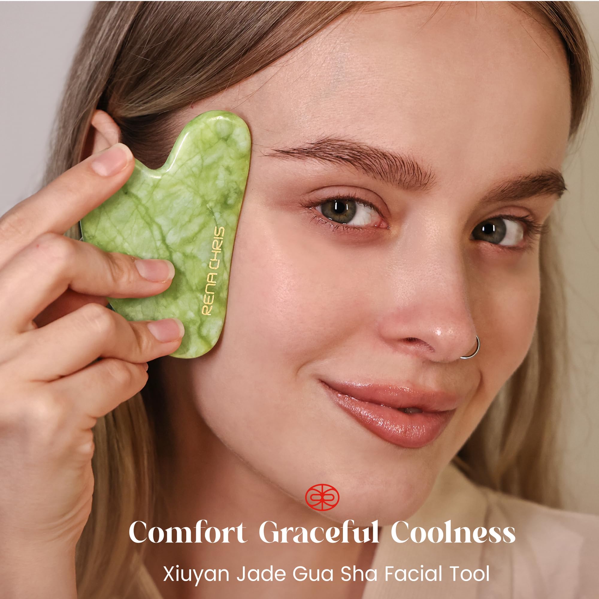 Rena Chris Gua Sha Facial Tools, Natural Jade Stone Guasha Tool for Face, Manual Massage Tool for Jawline Sculpting and Puffines