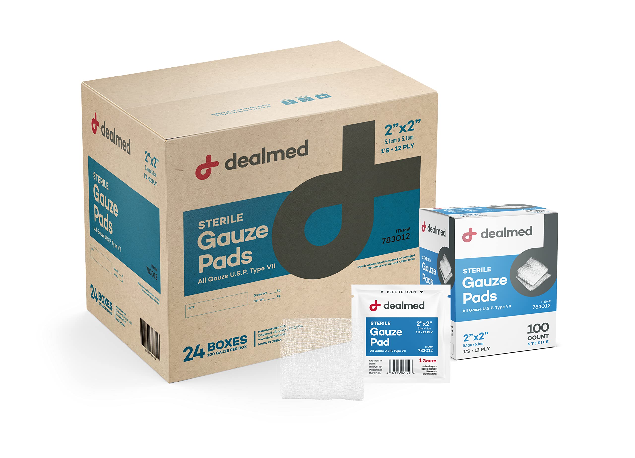 Dealmed Sterile Gauze Pads - 100 Count (Case of 24), 2 x 2 Gauze Pads, Disposable and Individually Wrapped Medical Gauze Pads, W