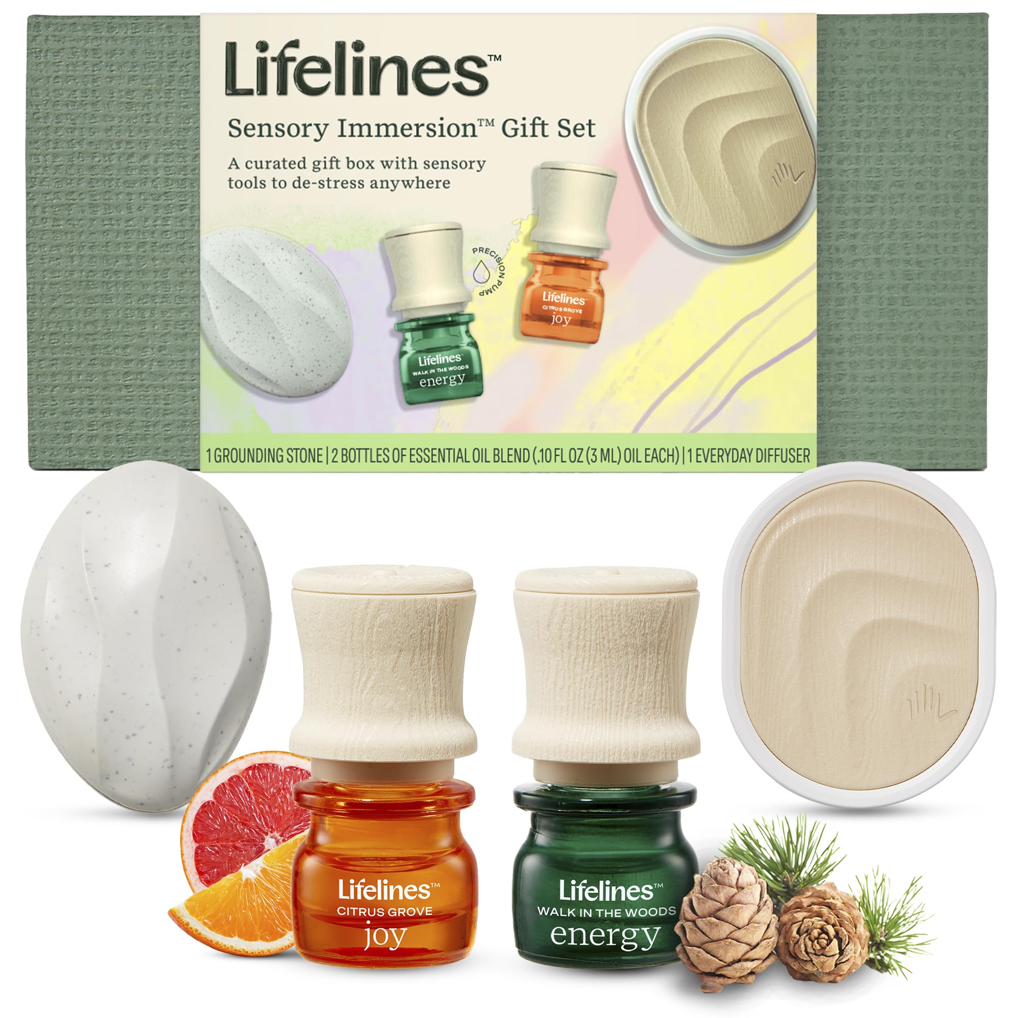 Lifelines Sensory Immersion Gift Set - Includes Everyday Aromatherapy Diffuser, Fidget Grounding Stone & 2 Essential Oil Blends 
