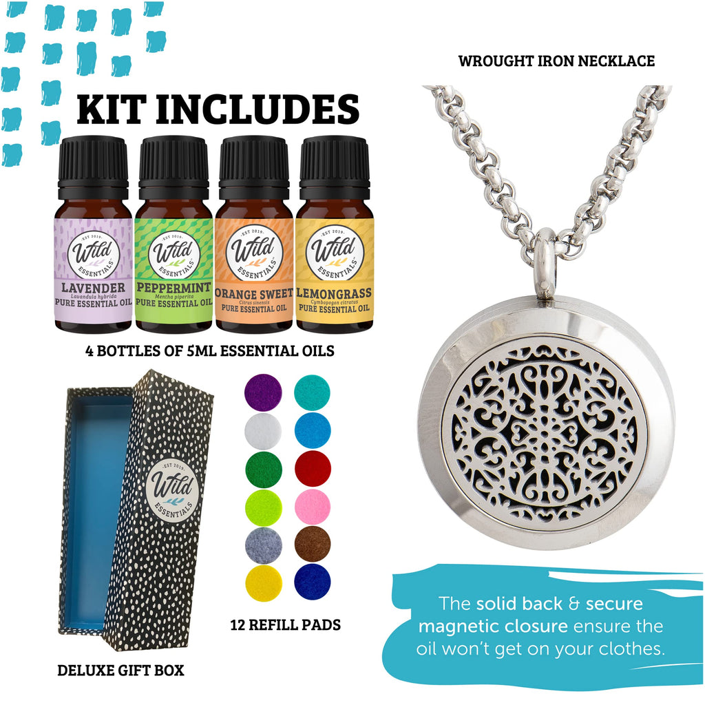 Wild Essentials Wrought Iron Necklace Essential Oil Diffuser Kit With Lavender, Lemongrass, Peppermint, Orange Oils, 12 Refill P