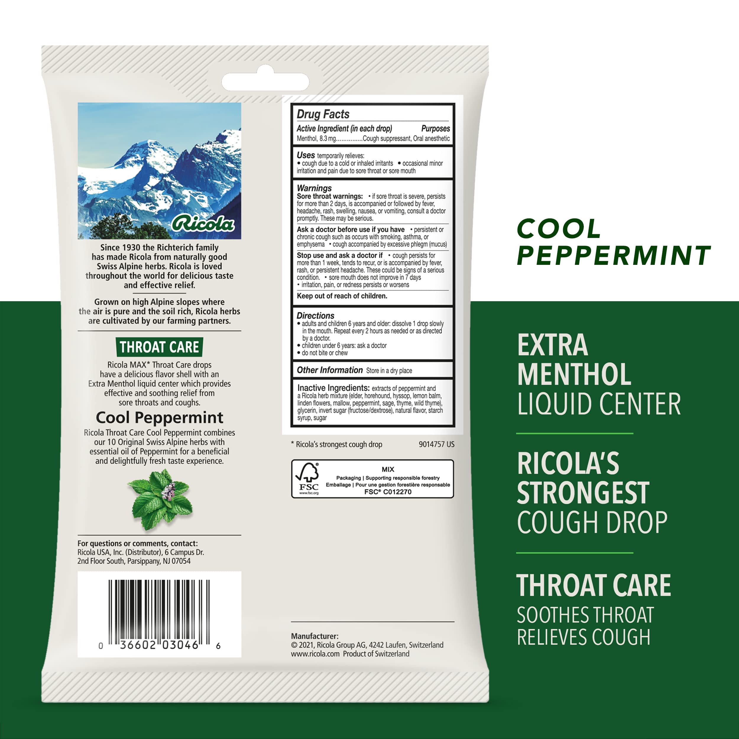 Ricola Max Cool Peppermint Throat Care Large Bag | Cough Suppressant Drops | Dual Action Liquid Center | Soothing Long-Lasting R
