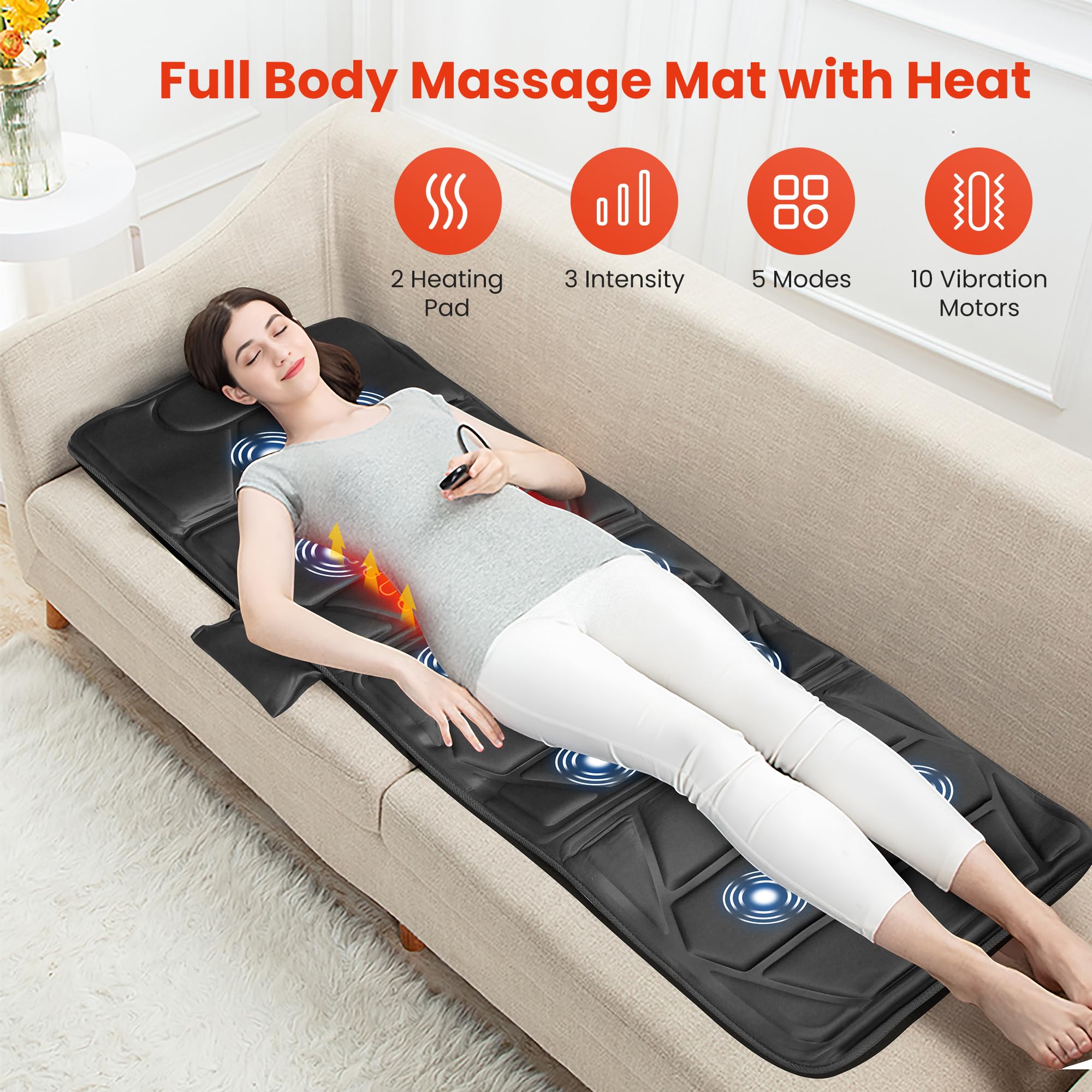 CooCoCo Massage Mat with Heat, Massage Pad with 10 Vibration Motors, Full Body Massager for Neck and Back, Bed Massager for Shou