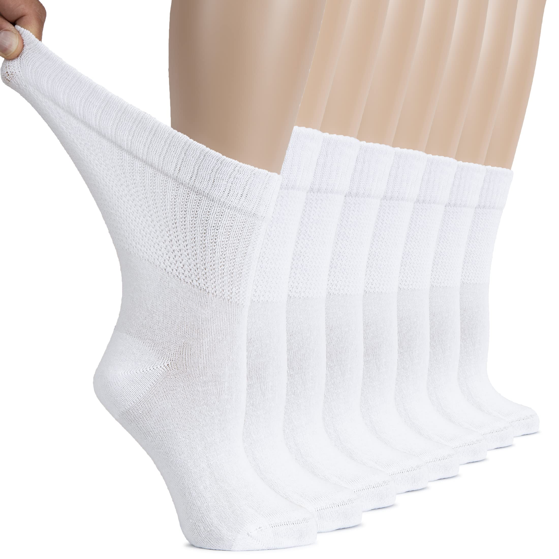 Hugh Ugoli Women's Cotton Diabetic Crew Socks, Wide, Thin, Loose Fit and Stretchy, Seamless Toe & Non-Binding Top, 8 Pairs, Whit