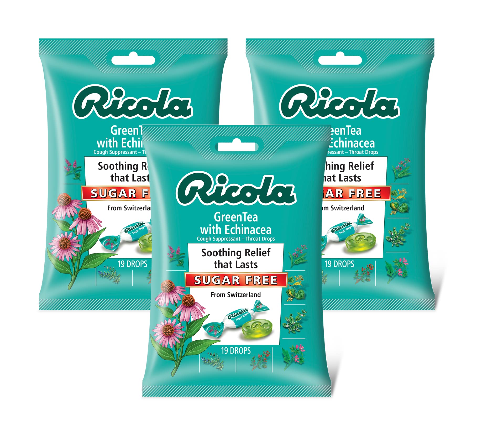 Ricola Sugar Free Green Tea with Echinacea Cough Suppressant Throat Drops 19ct Bag(Pack of 3)