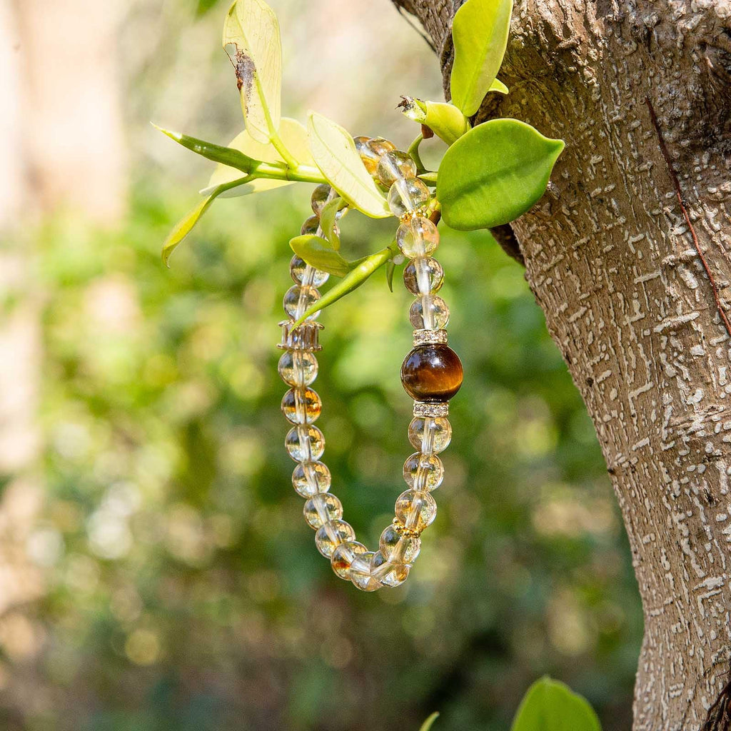 Magiriam Citrine Crystal & Tigers Eye Stretch Bracelet with Zircon Inlay | 17CM Comfortable Elastic Fit | Healing Gemstone Brace