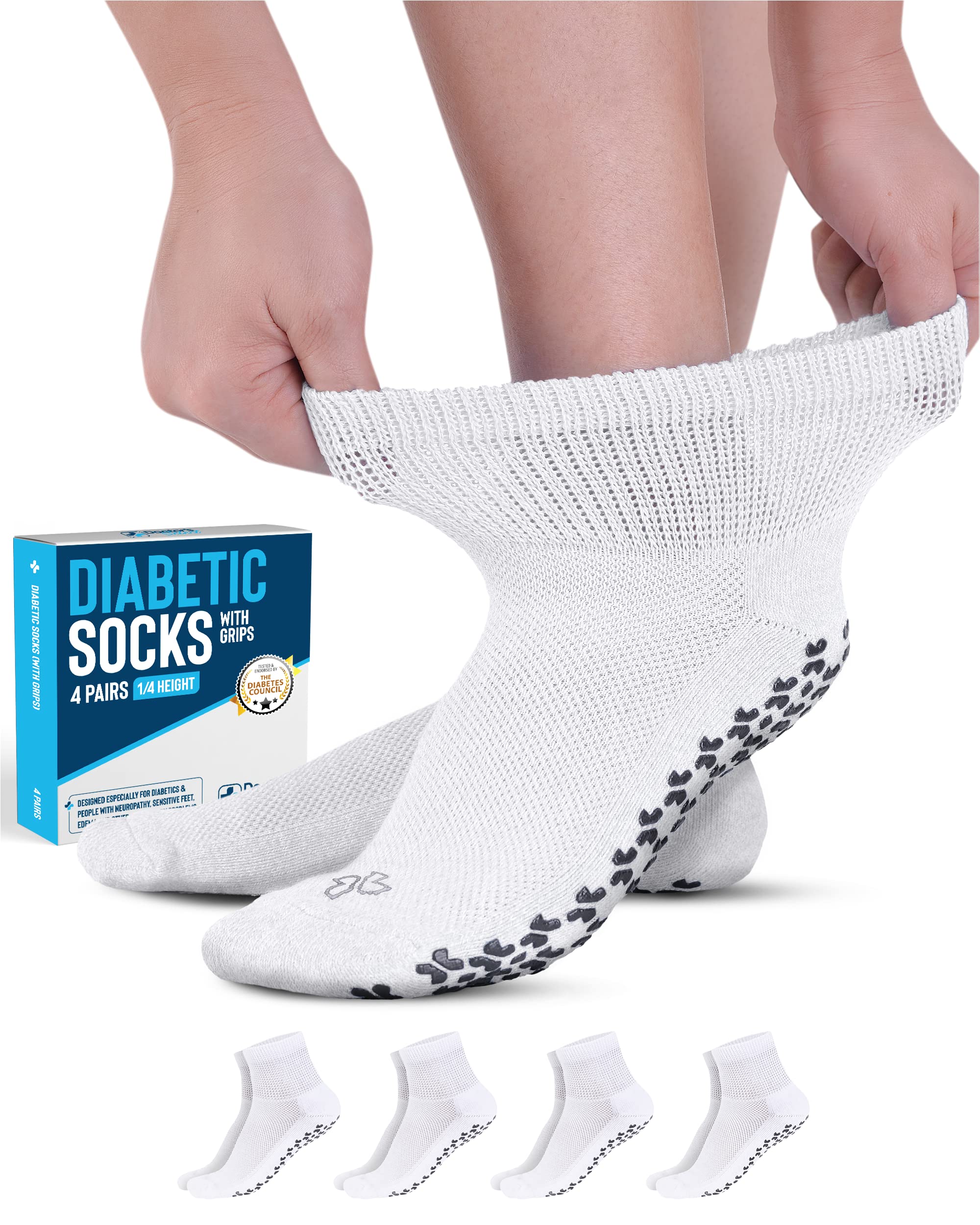 Doctor's Select Diabetic Socks with Grips for Women and Men - 4 Pair | White | Neuropathy Socks for Men | Non Slip Socks Mens | 