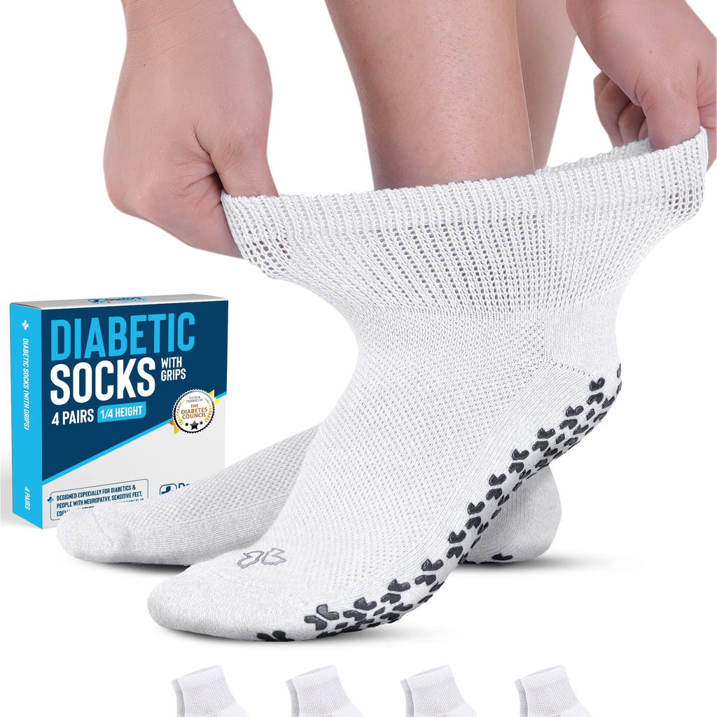 Doctor's Select Diabetic Socks with Grips for Women and Men - 4 Pair | White | Neuropathy Socks for Men | Non Slip Socks Mens | 