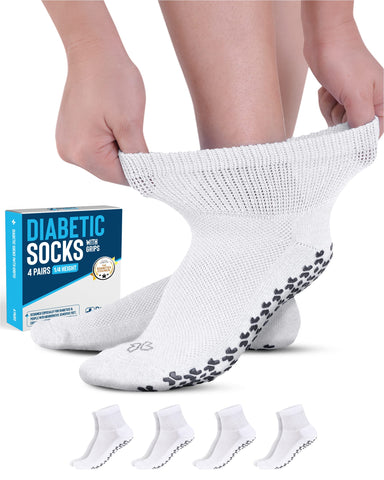 Doctor's Select Diabetic Socks with Grips for Women and Men - 4 Pair | White | Neuropathy Socks for Men | Non Slip Socks Mens | 