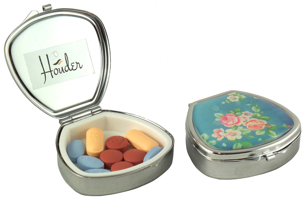 Designer Pill Box by Houder - Decorative Pill Case with Gift Box - Carry Your Meds in Style (Roses)