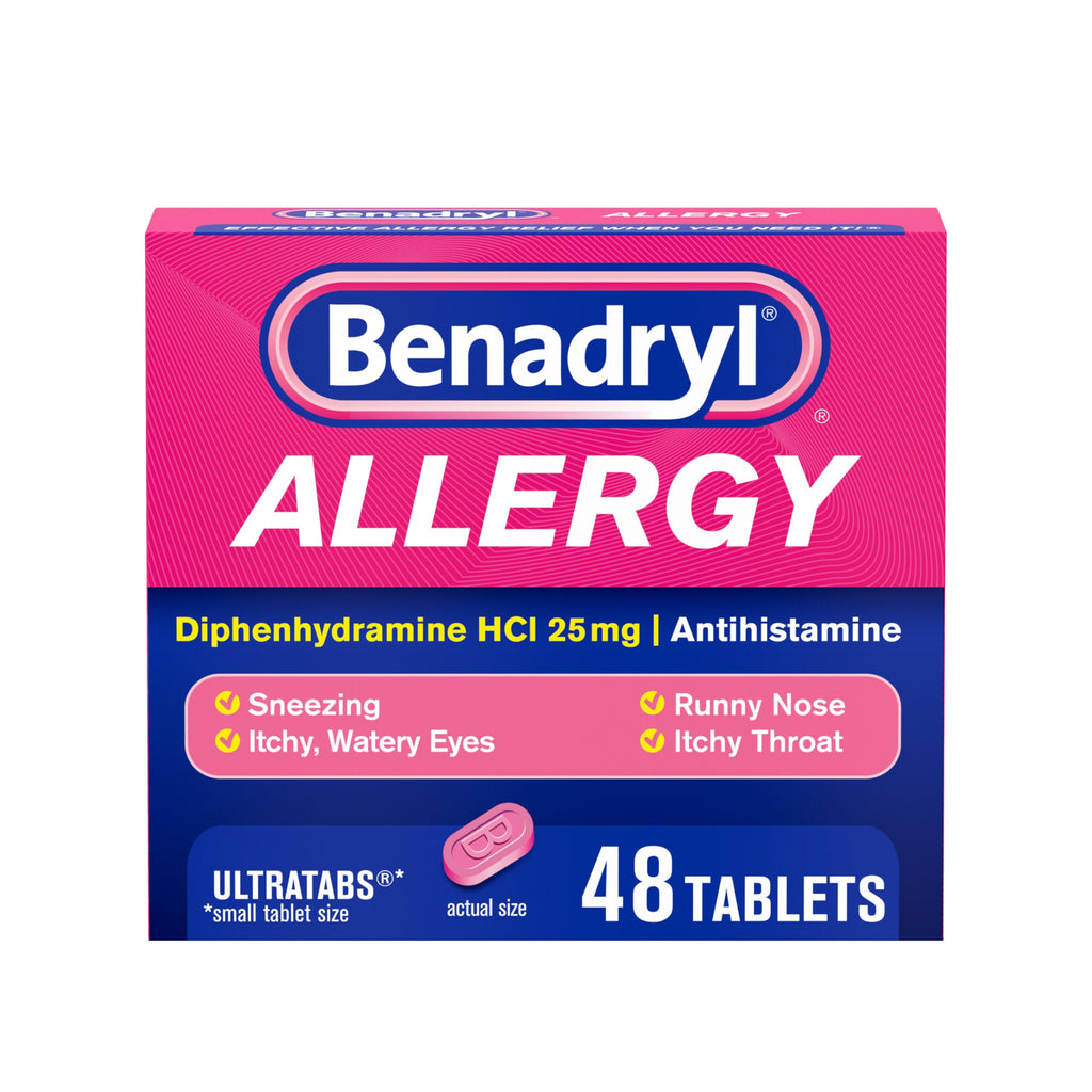 Benadryl Ultratabs Antihistamine Allergy Relief Medicine, 25 mg Diphenhydramine HCl Tablets for Relief of Cold & Allergy Symptom