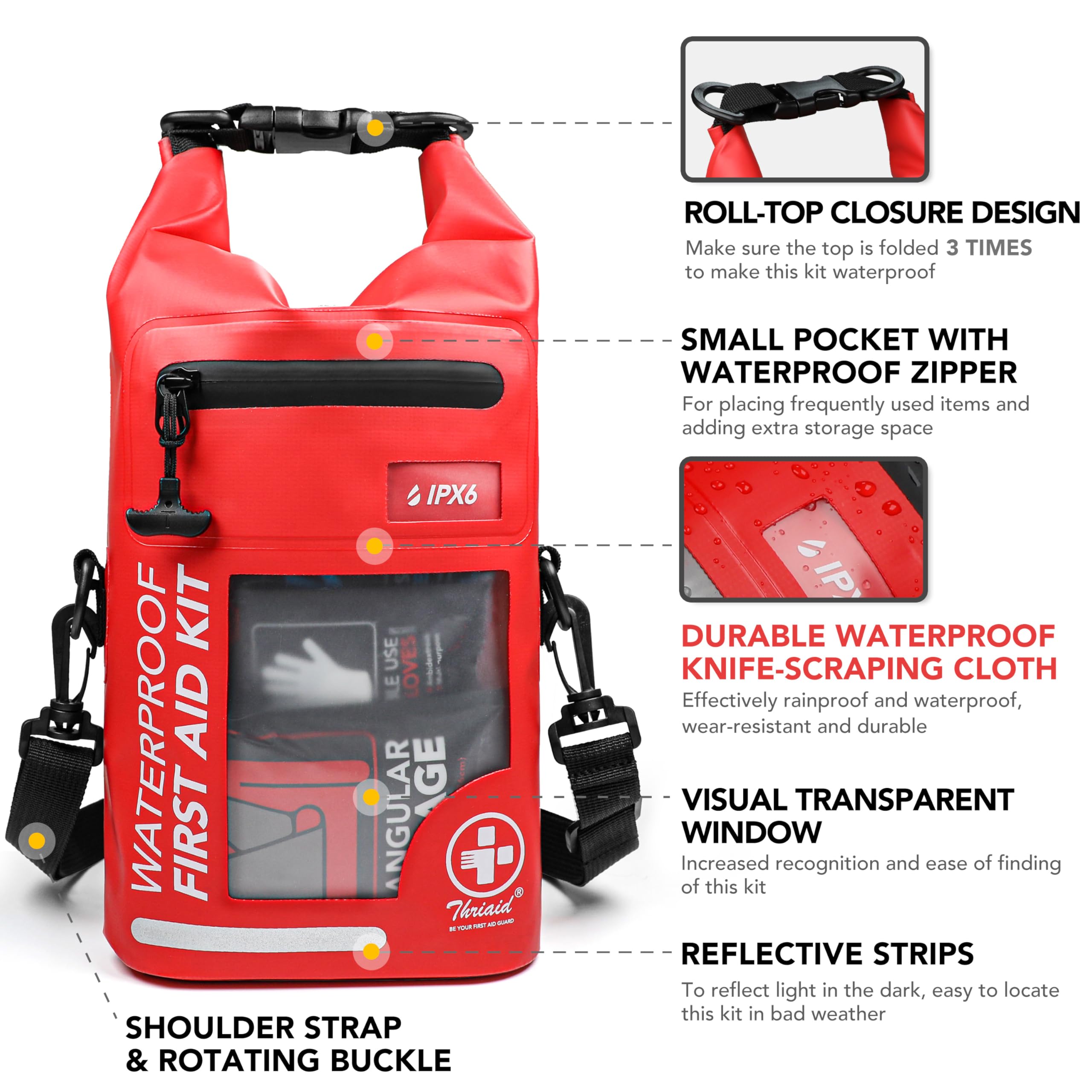 250 PCS Waterproof First Aid Kit, Roll Top Reflective Boat Dry Bag Bug Out Bags, Emergency Medical Kit Ideal for Boating, Campin