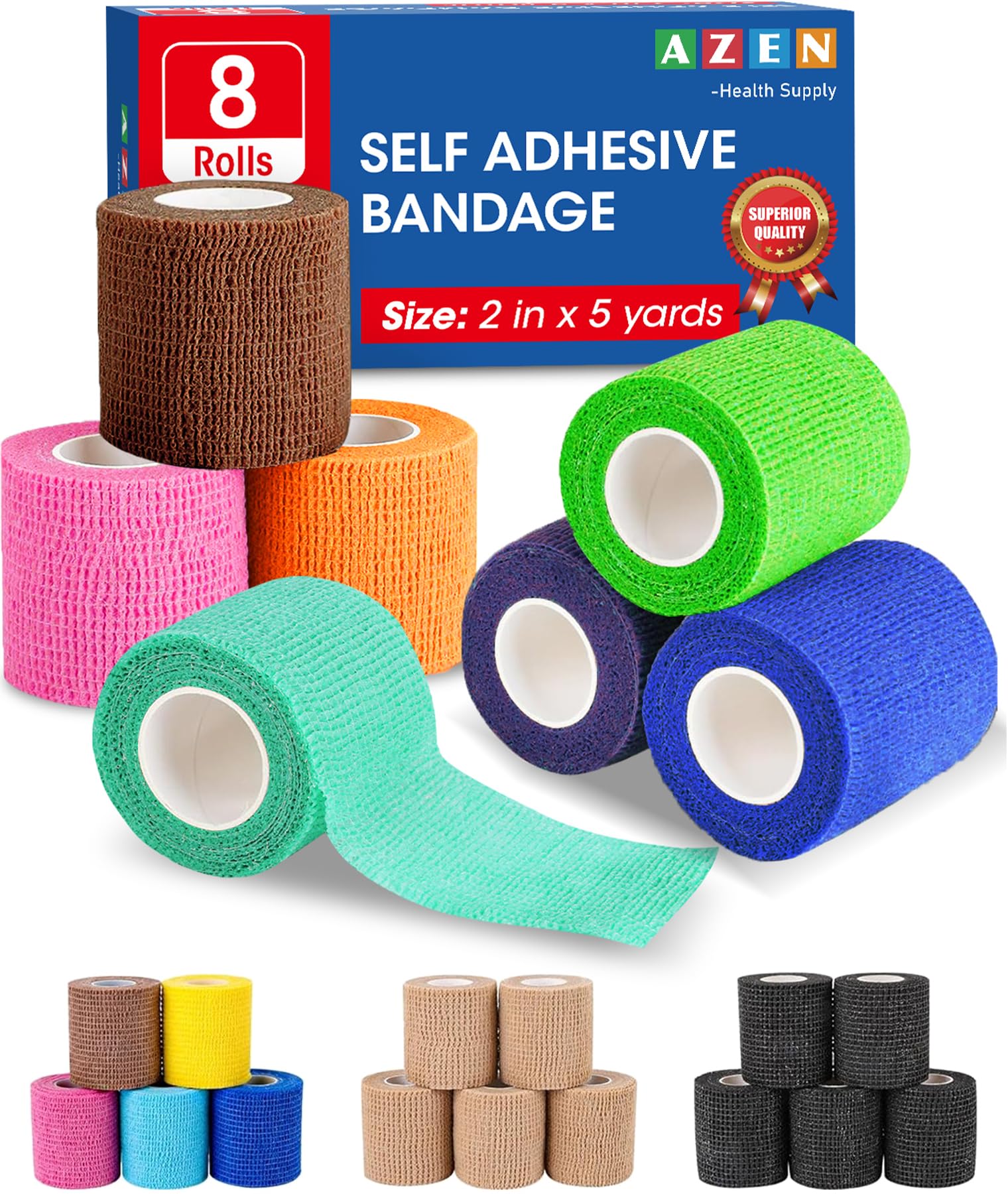 AZEN 8 Pack Self Adhesive Bandage Wrap, 2 X 5 Yards Elastic Cohesive Bandage Wrap, Color Athletic Tape, Vet Wrap, Ankle Tape, Ta
