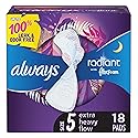 Always Radiant Flexfoam Pads for Women, Size 5, Extra Heavy Overnight Absorbency, With Wings, Scented, 18Count