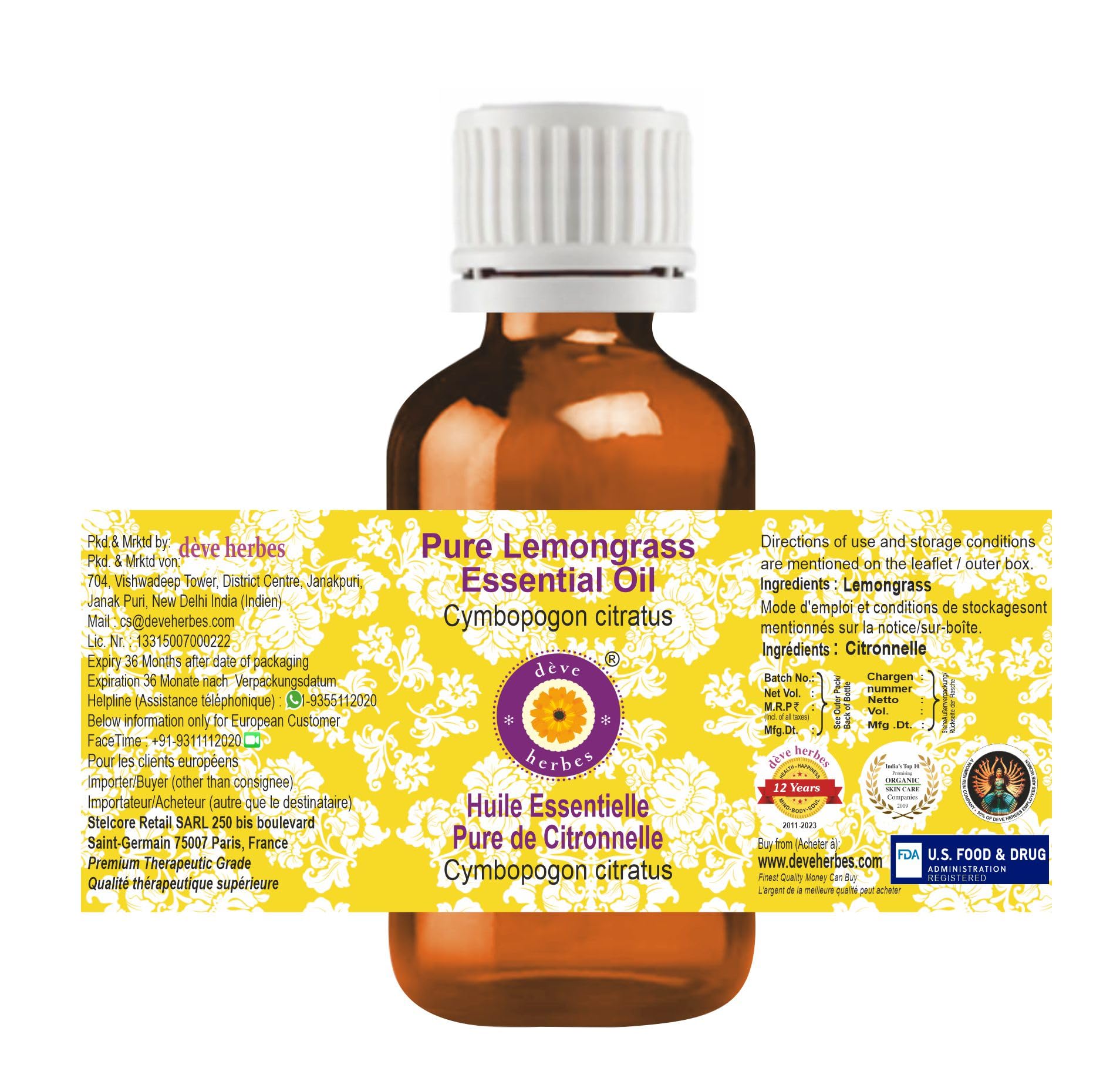 dve herbes Pure Lemongrass Essential Oil (Cymbopogon citratus) Steam Distilled (Pack of Five) 100ml X 5 (16.9 oz)
