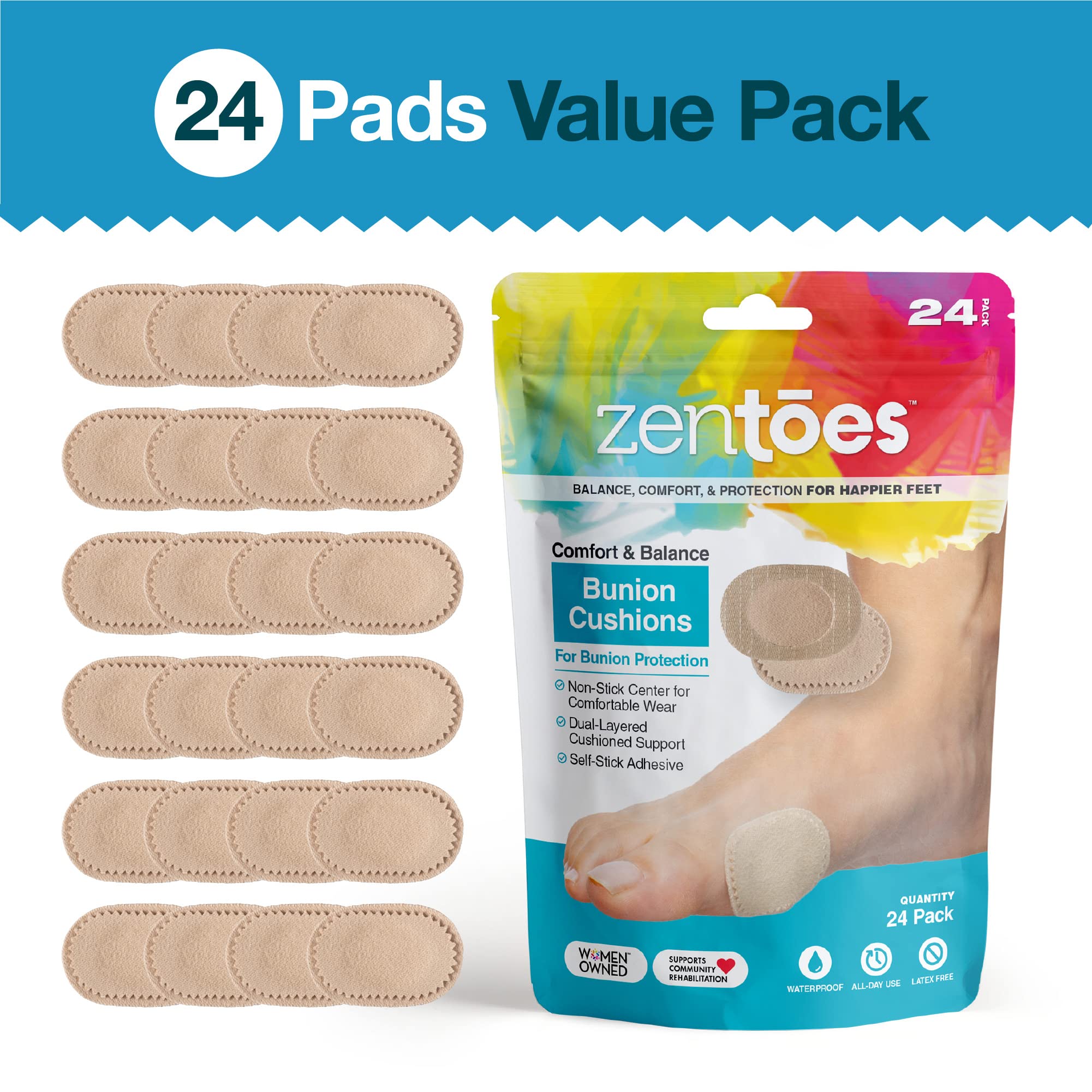 ZenToes Premium Bunion Pads - Non-Stick Center for Sensitive Skin, Odor Resistant Cushions, Prevents Friction and Pressure (24 C