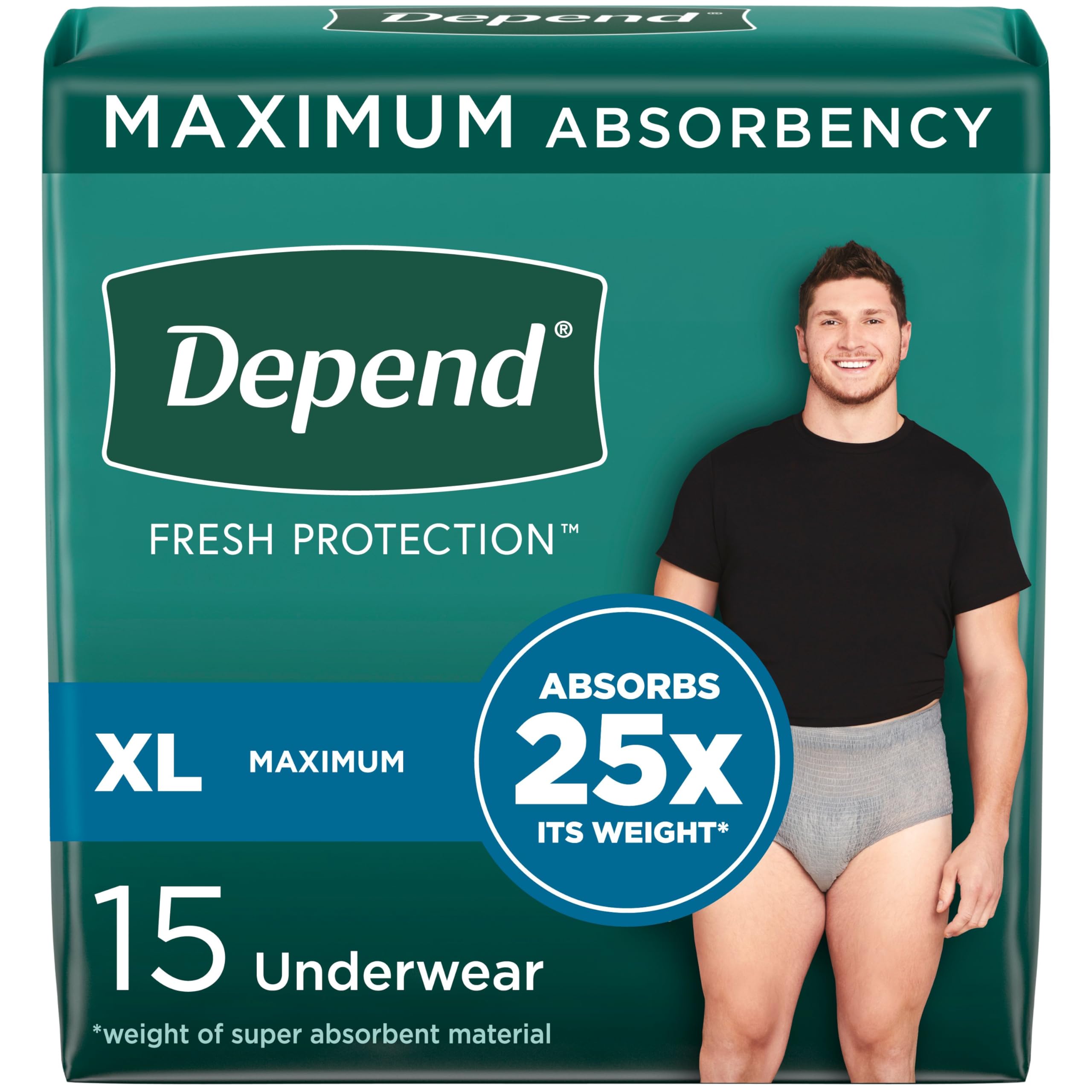 Depend Fresh Protection Adult Incontinence Underwear for Men, Disposable, Maximum, Extra-Large, Grey, 15 Count, Packaging May Va