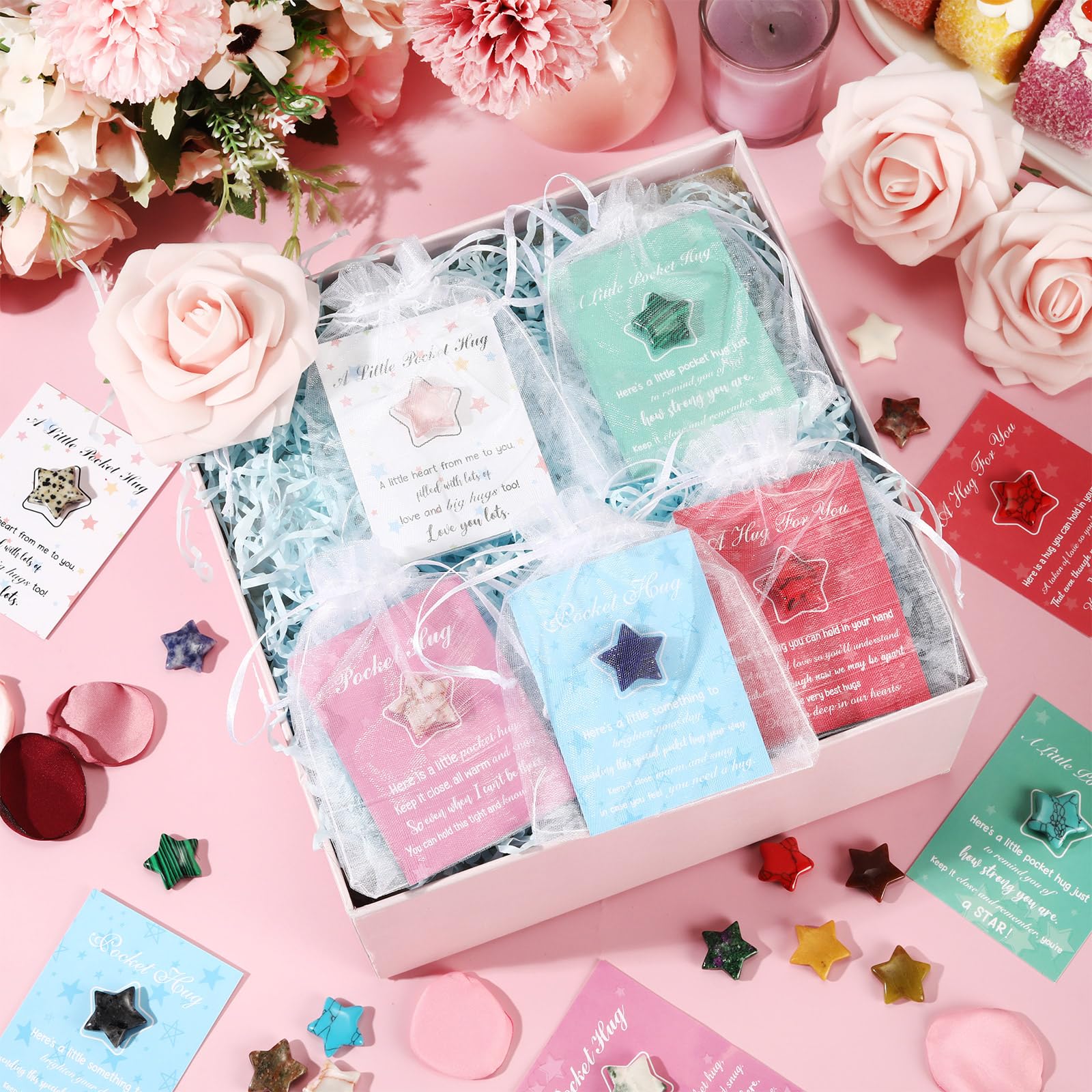 Tondiamo 60 Sets Pocket Hug Token Gifts Included Natural Star Shaped Crystal Stones, Hug Cards and Organza Bags for Coworkers, L