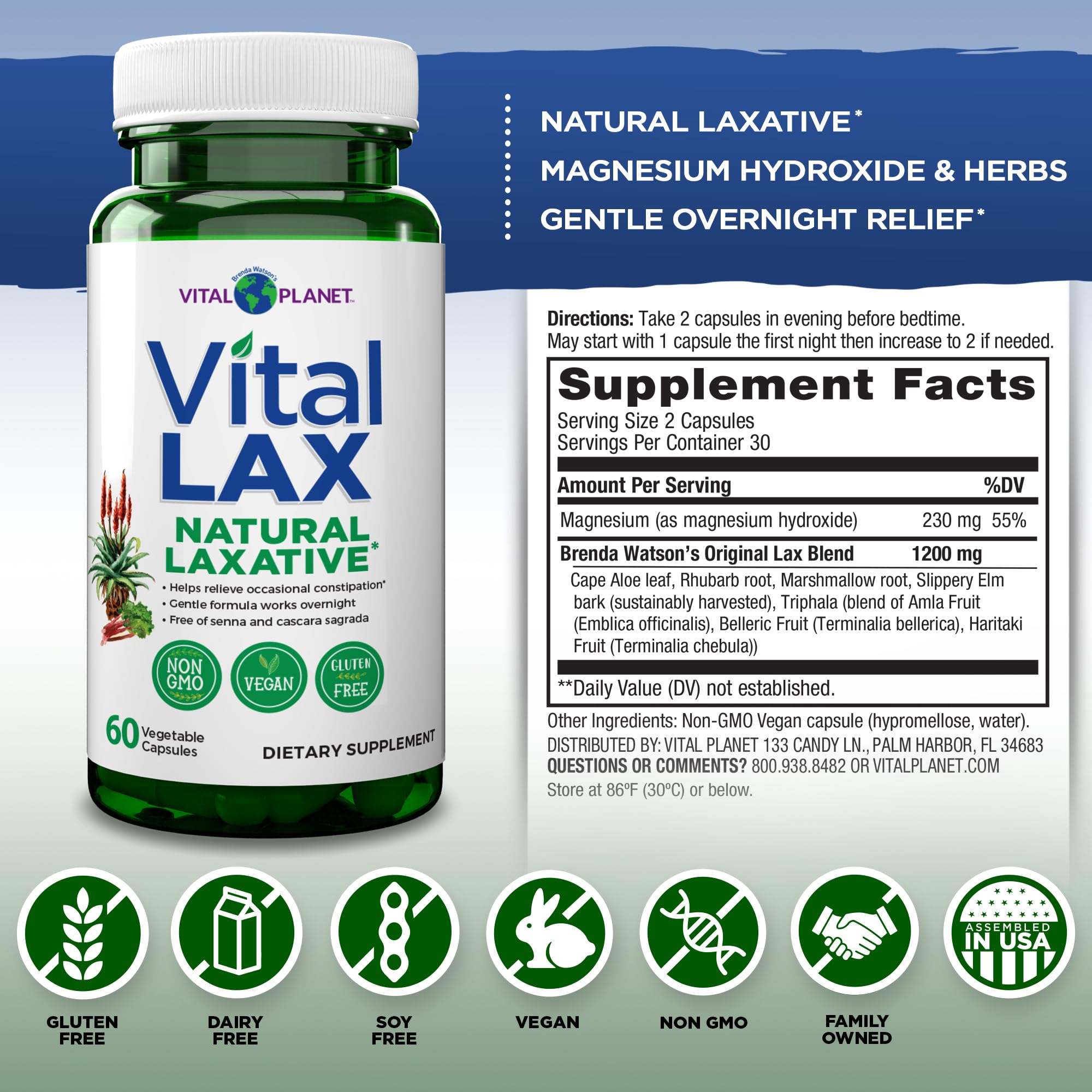 Vital Planet - Vital Lax Natural Laxative Cleanse Supplement for Occasional Constipation, with Magnesium Hydroxide, Slippery Elm