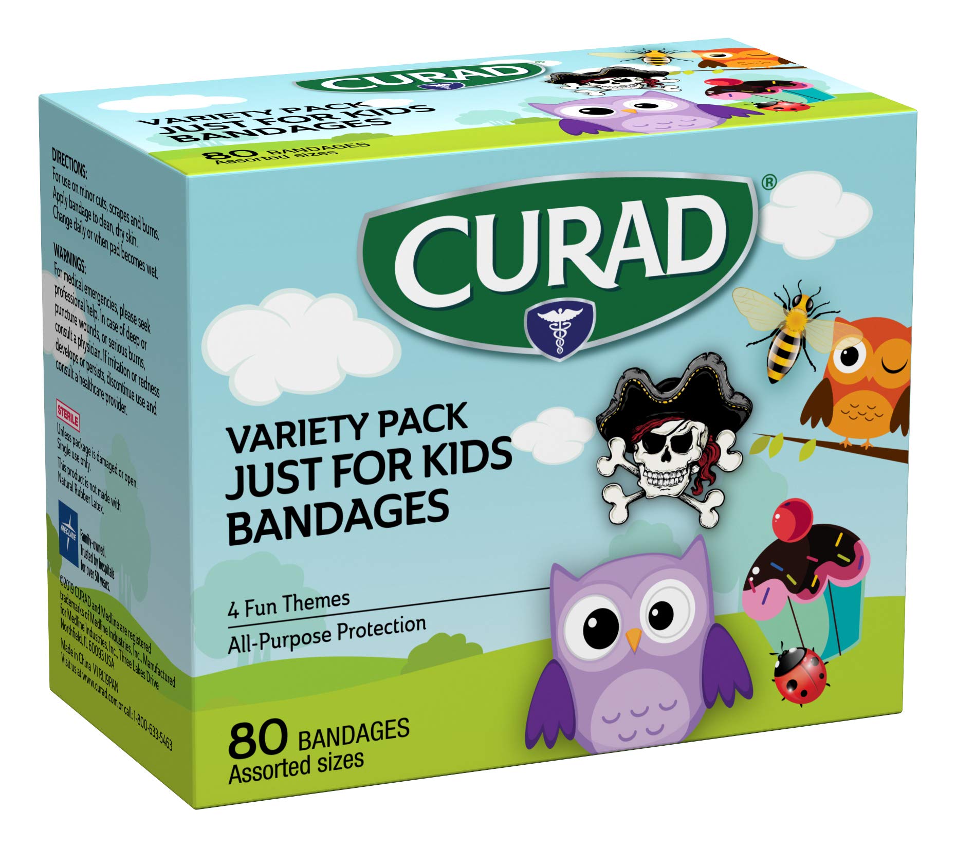 Curad Just for Kids Bandages, 4 Fun Themes, Colorful, All-Purpose Protection Plastic Bandages, 4-Sided Seal, Variety of Sizes, 8