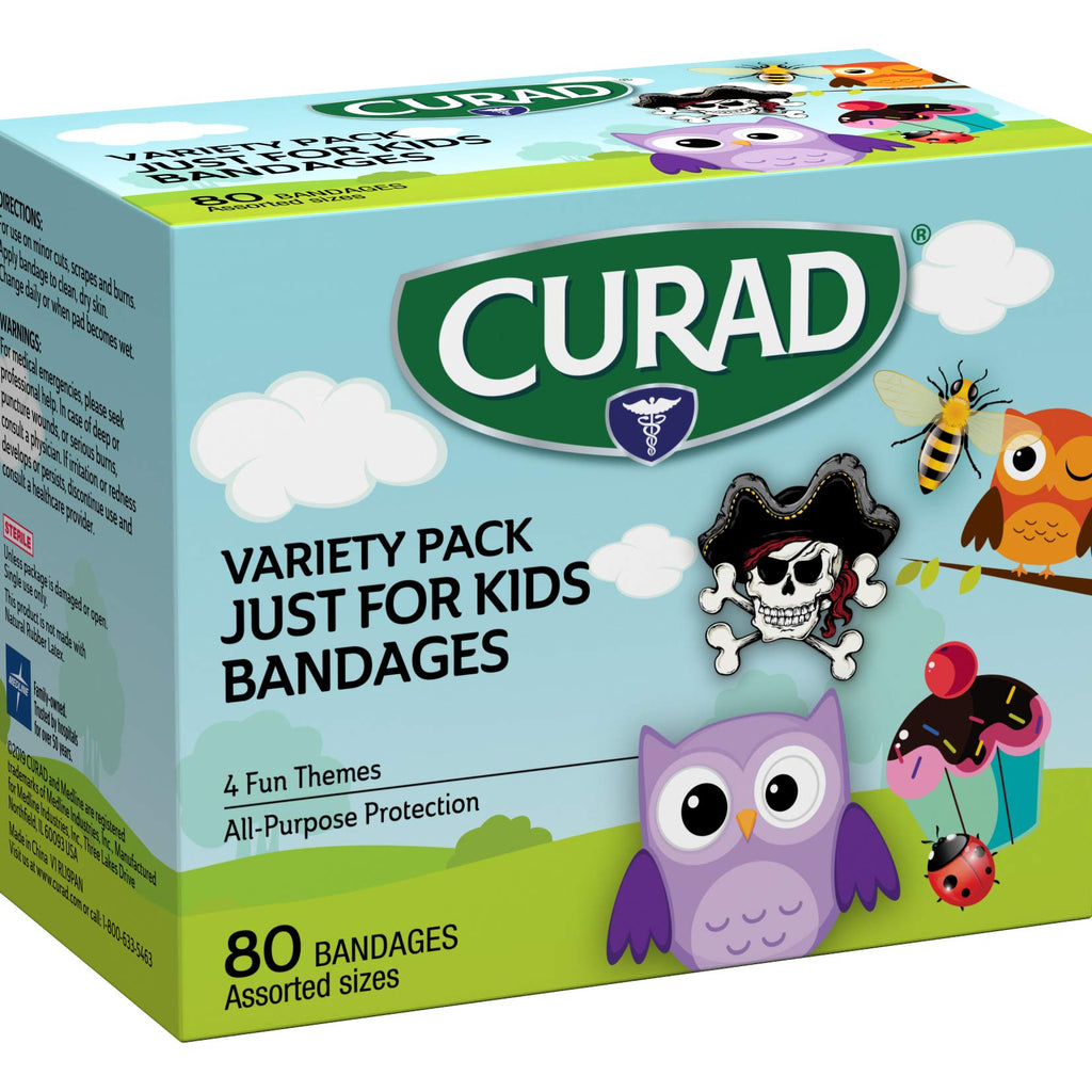 Curad Just for Kids Bandages, 4 Fun Themes, Colorful, All-Purpose Protection Plastic Bandages, 4-Sided Seal, Variety of Sizes, 8