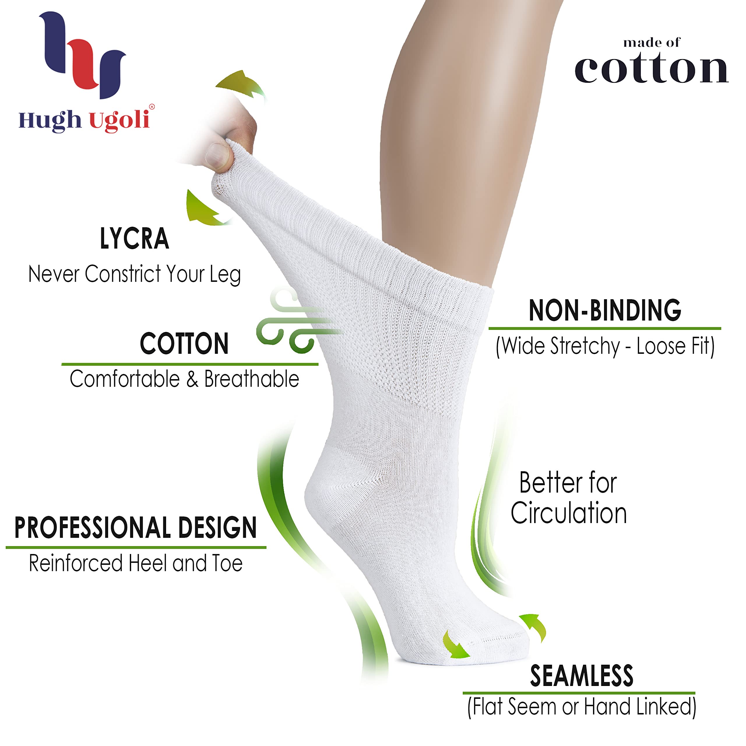 Hugh Ugoli Women's Cotton Diabetic Crew Socks, Wide, Thin, Loose Fit and Stretchy, Seamless Toe & Non-Binding Top, 4 Pairs, Blac