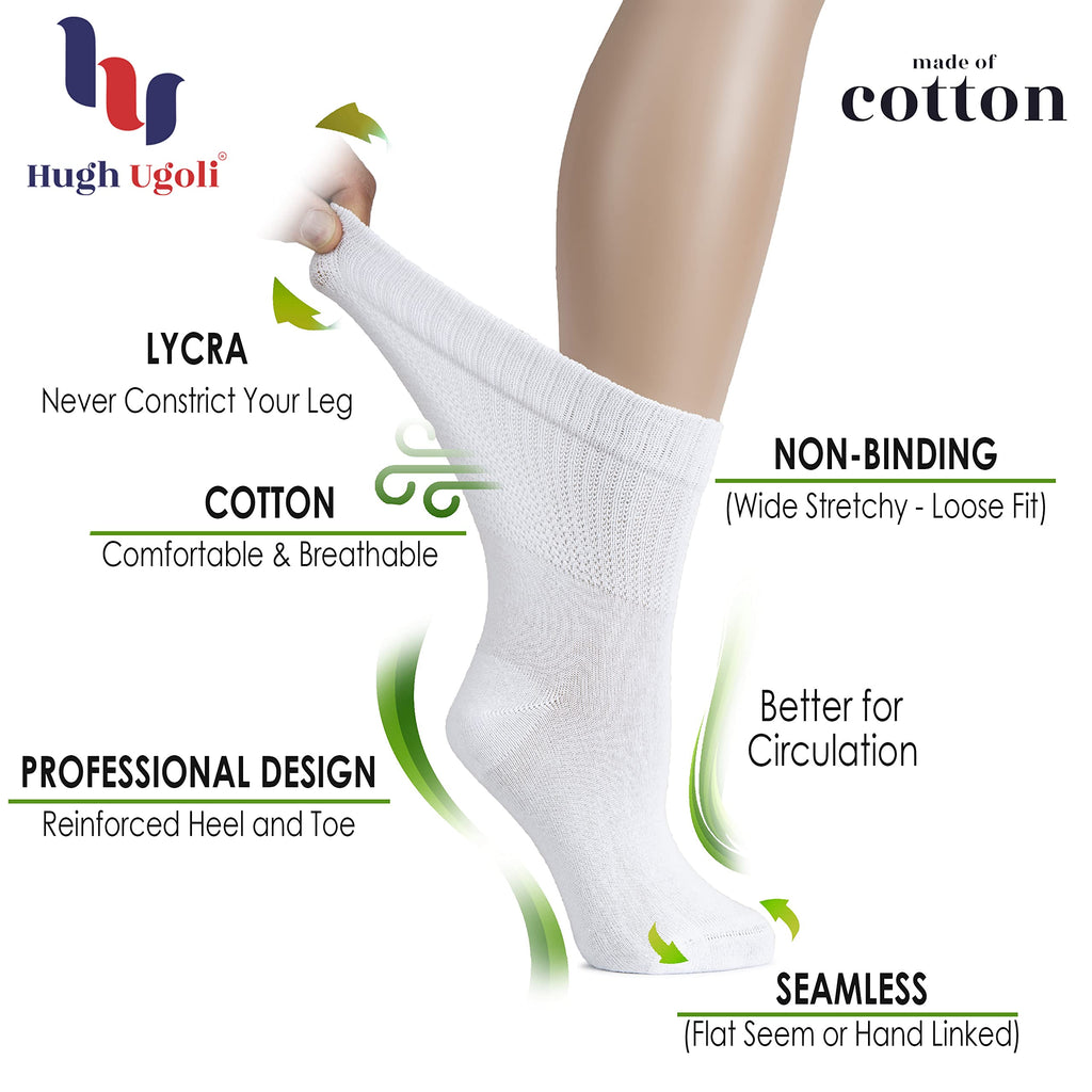 Hugh Ugoli Women's Cotton Diabetic Crew Socks, Wide, Thin, Loose Fit and Stretchy, Seamless Toe & Non-Binding Top, 4 Pairs, Whit