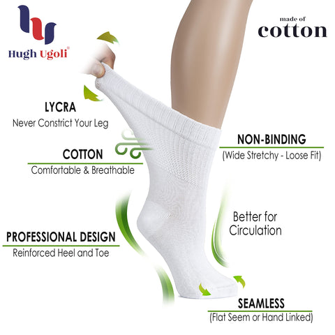 Hugh Ugoli Women's Cotton Diabetic Crew Socks, Wide, Thin, Loose Fit and Stretchy, Seamless Toe & Non-Binding Top, 4 Pairs, Char