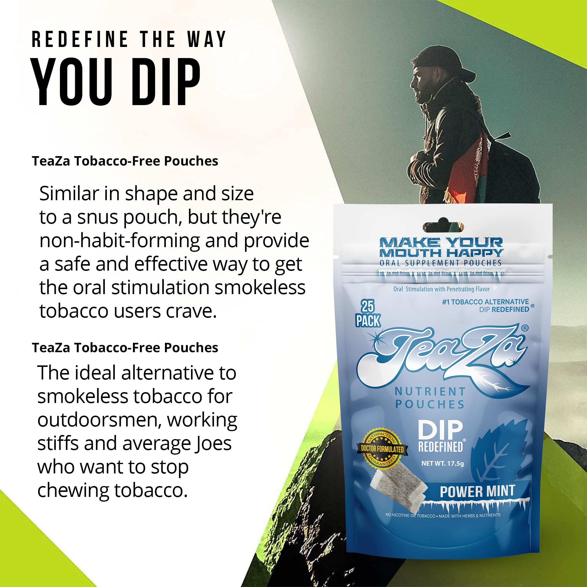 TeaZa Energy - Tobacco-Free Pouches Nicotine-Free Dip, Smokeless Alternative Snuff Healthy Chewing Dipping Alternative, Power Mi
