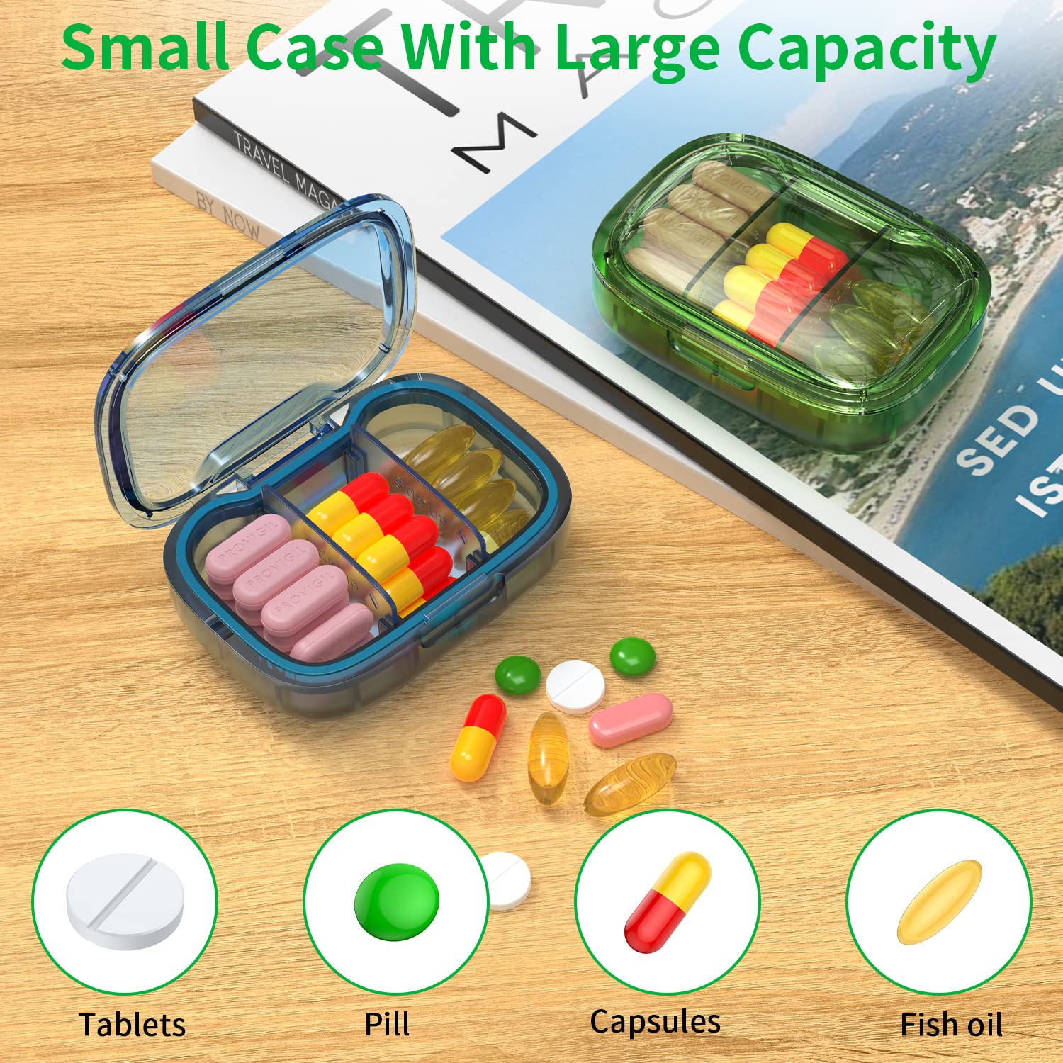 2 Pack 3 Compartment Small Pill Box, Moisture Proof Pill Case, Travel Pill Organizer for Pocket Purse, Daily Portable Medicine V