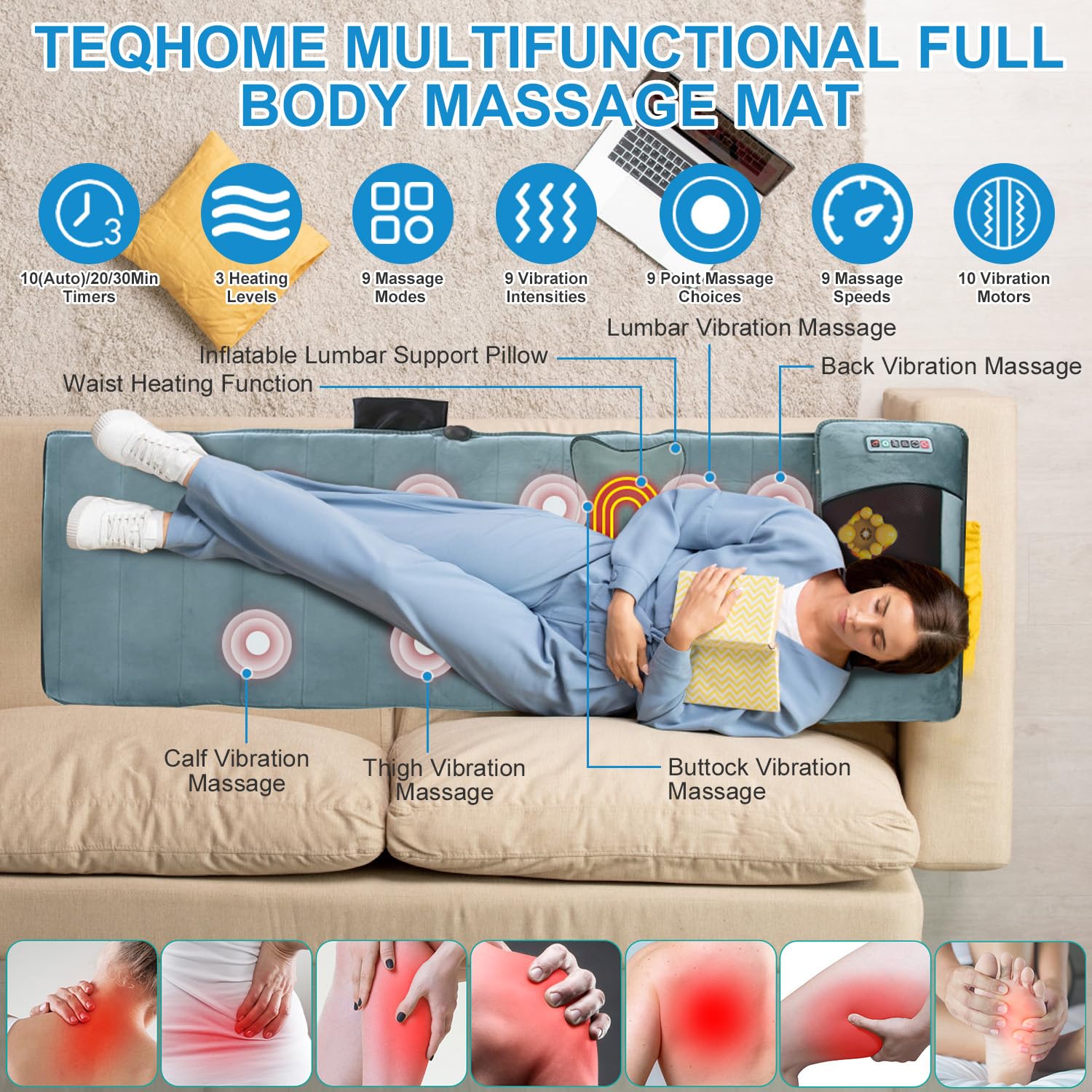 TeqHome Full Body Massage Mat with Heat & Movable Shiatsu Neck Back Massager Pillow, Upgraded Massage Pad with Lumbar Support, 1