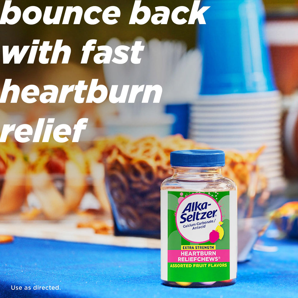 Alka-Seltzer Extra Strength Heartburn Relief Chews, Assorted Fruit Antacid Tablets for Acid Indigestion, Upset and Sour Stomach,