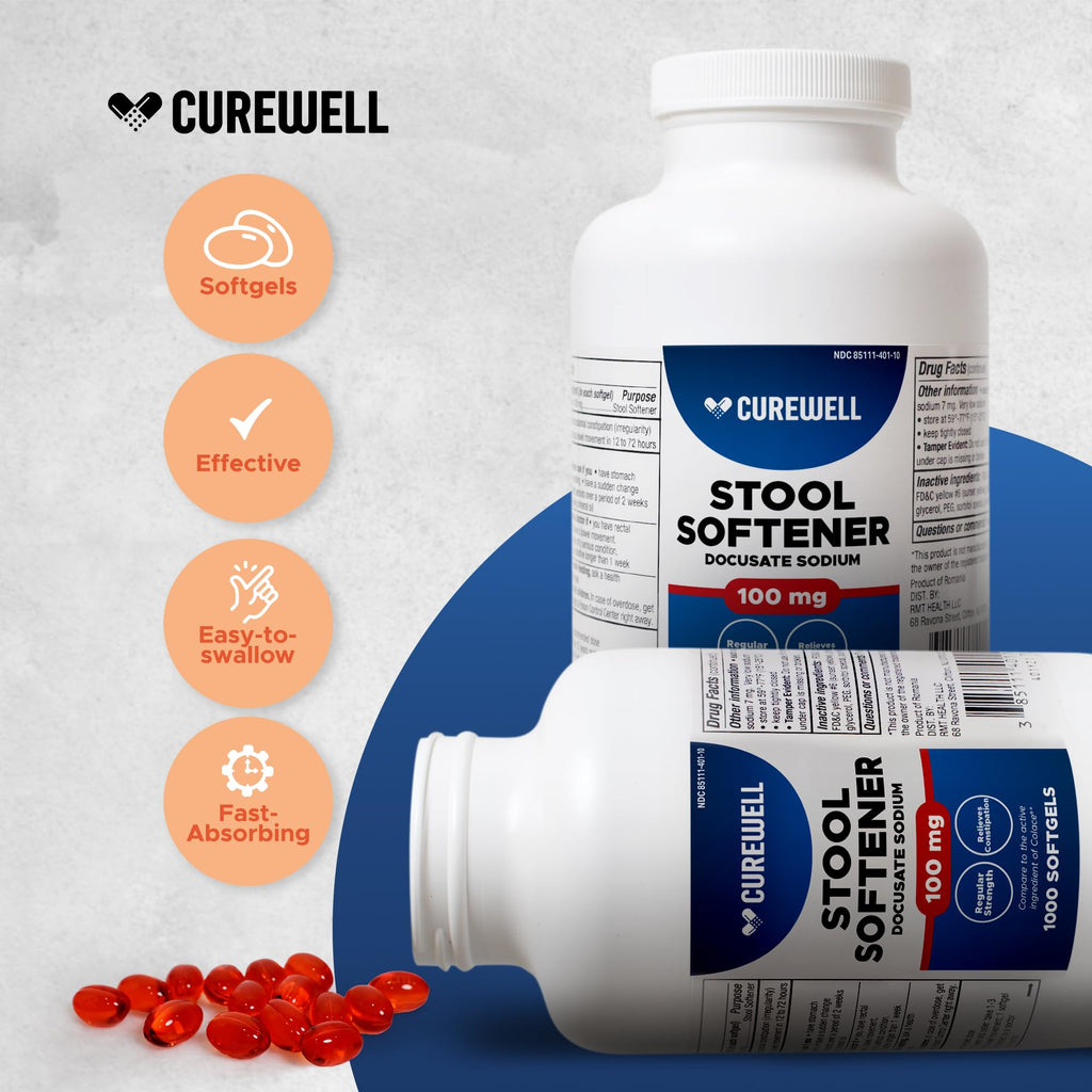 CUREWELL Stool Softener Docusate Sodium 100mg Softgels (1000 Count) | Gentle Non-Stimulant Laxative for Constipation & Irregular