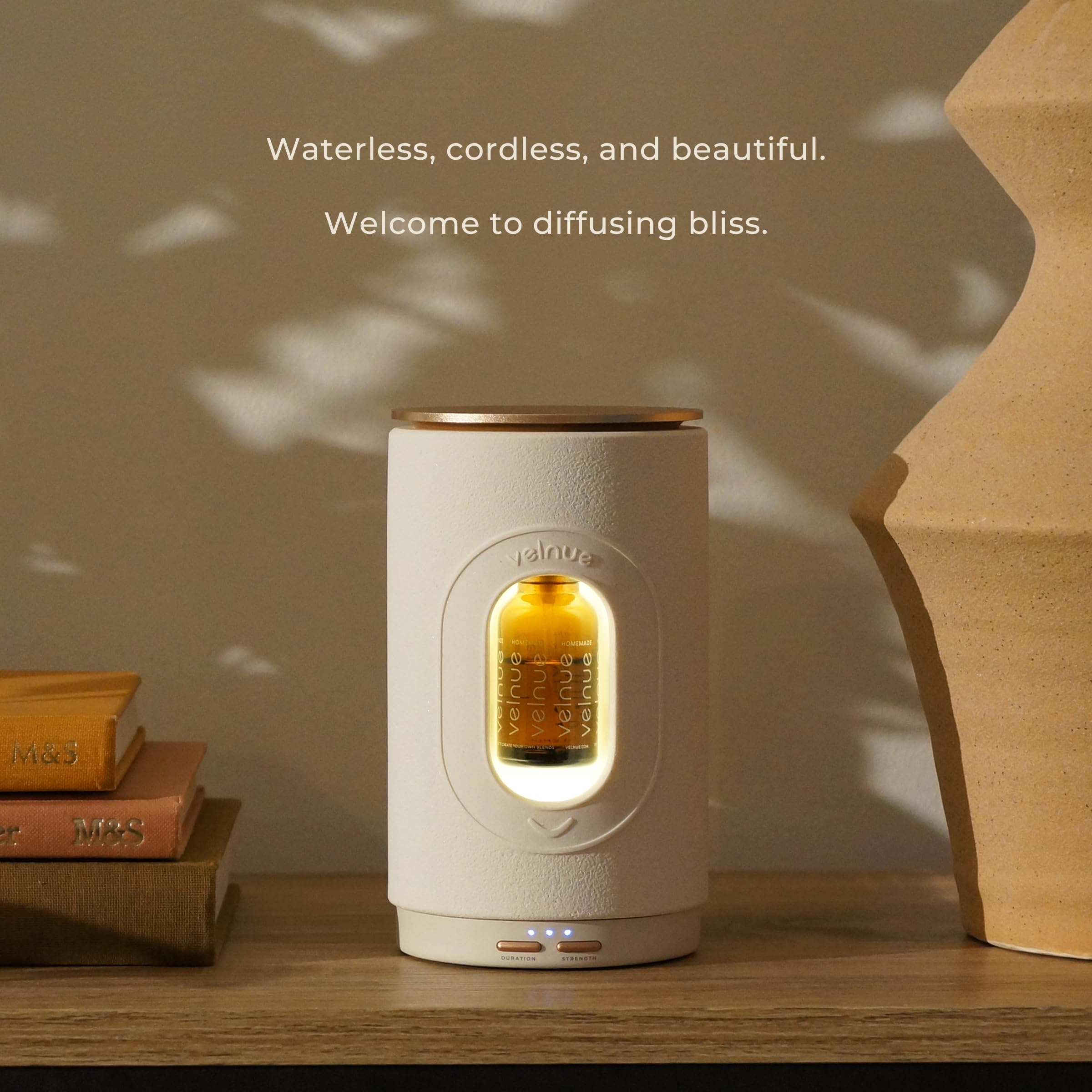 VELNUE Waterless Nebulizing Essential Oil Diffuser - Battery Operated & Portable | Cordless Diffuser for Large Room Aromatherapy