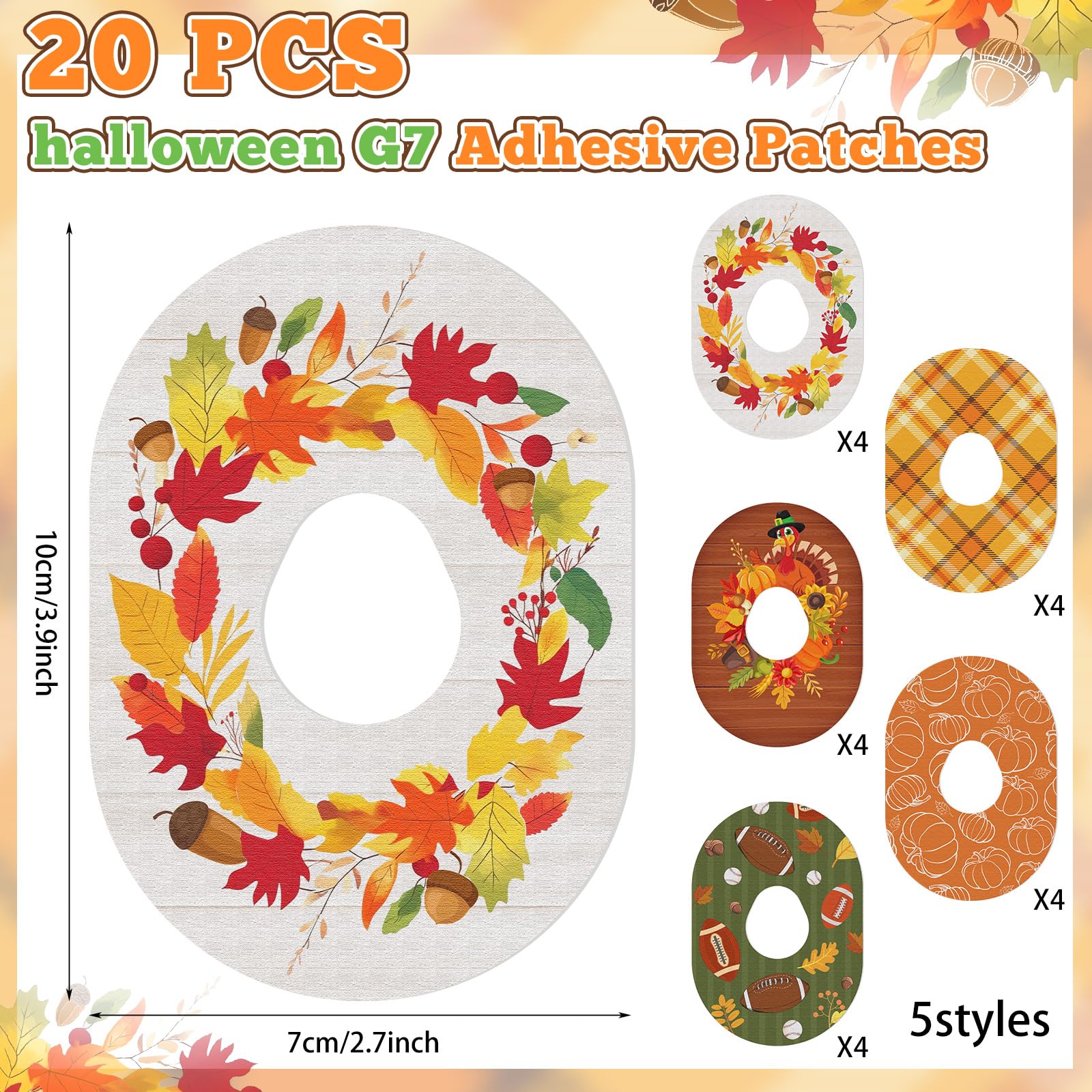 Geiserailie 20pcs Thanksgiving Adhesive Patches Compatible with Dexcom G7 Fall Adhesive Tape Stickers Tape Breathable Pre Cut Lo
