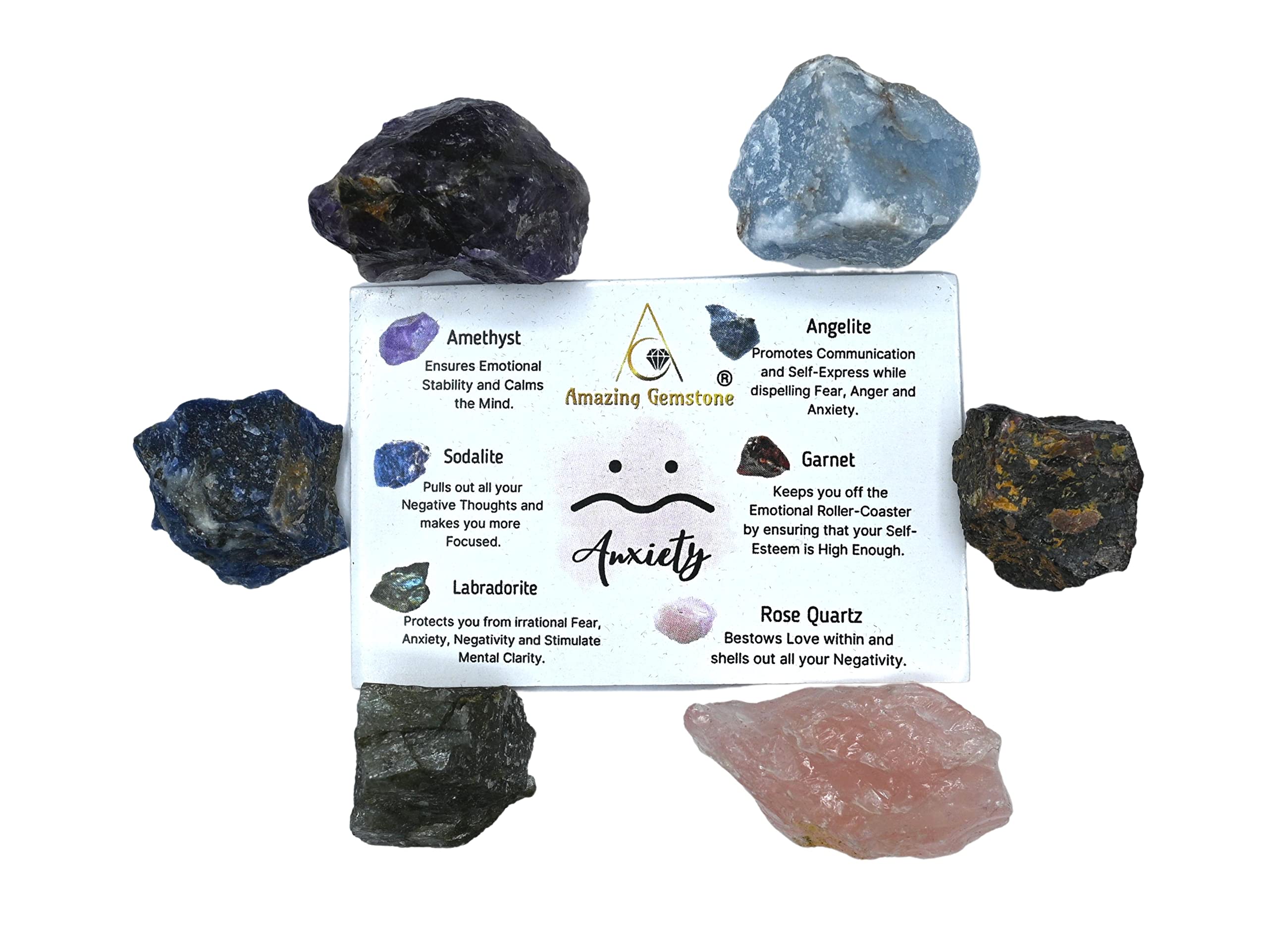 Crystals for Anxiety Manifestation, Set of 6 Amethyst, Sodalite, Labradorite, Angelite, Garnet and Rose Quartz Healing Crystals