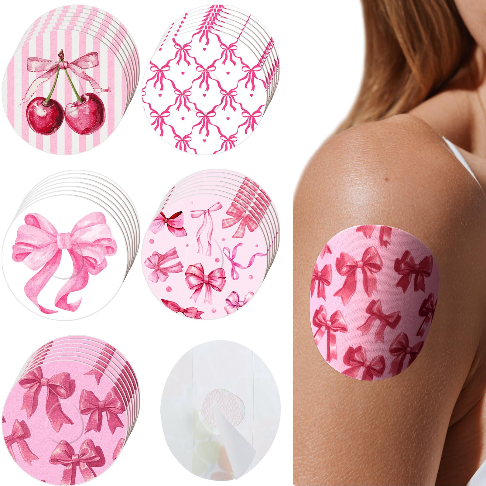 Geiserailie 30 PCS Adhesive Patch Compatible with Libre 3 Pre-Cut Flowers Pink Bow NO Glue in The Center Sensor Cover for Contin
