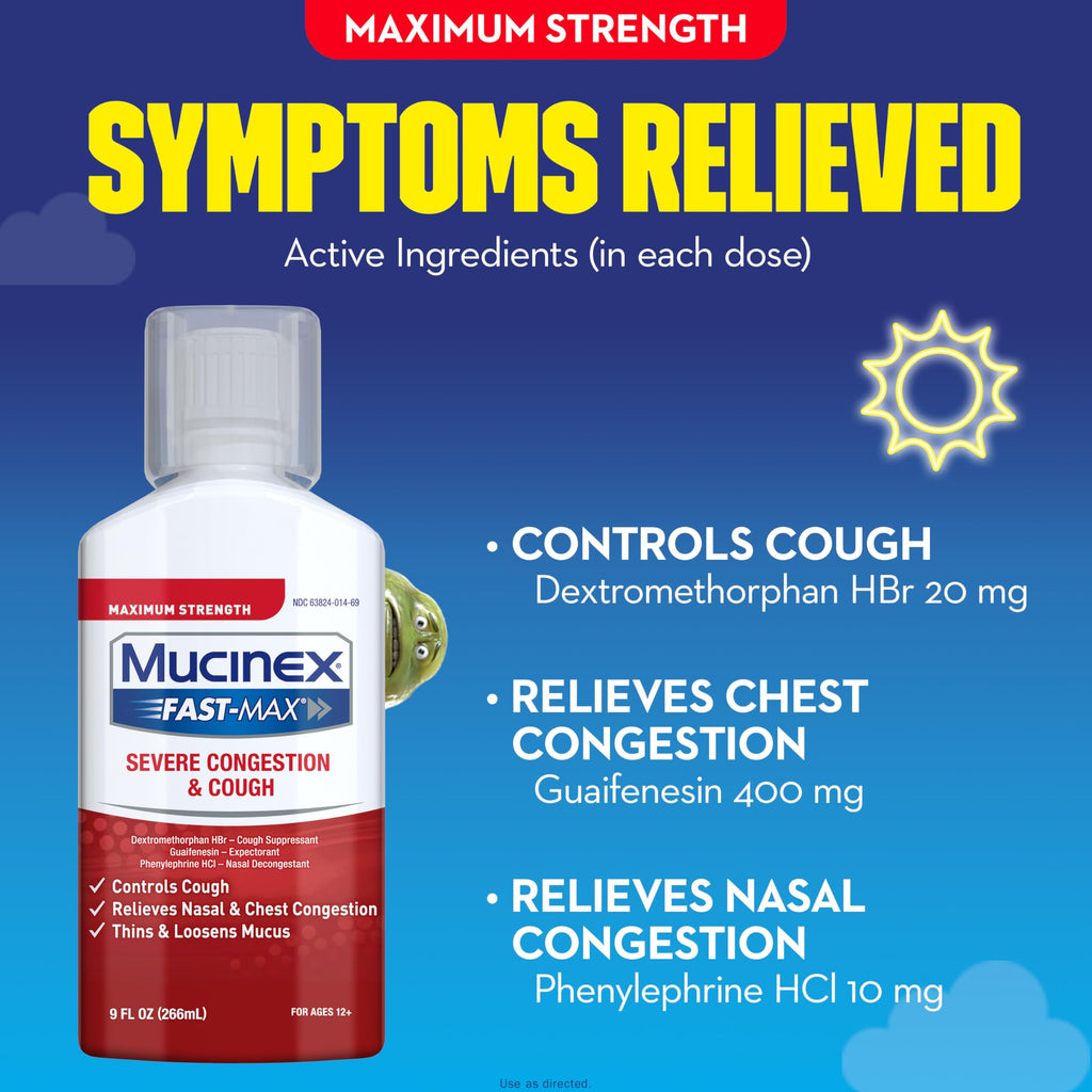 Mucinex Fast-Max Severe Congestion and Cough Liquid, 9 fl. oz., Fast Acting Maximum Strength Formula for Multi-symptom Relief (p