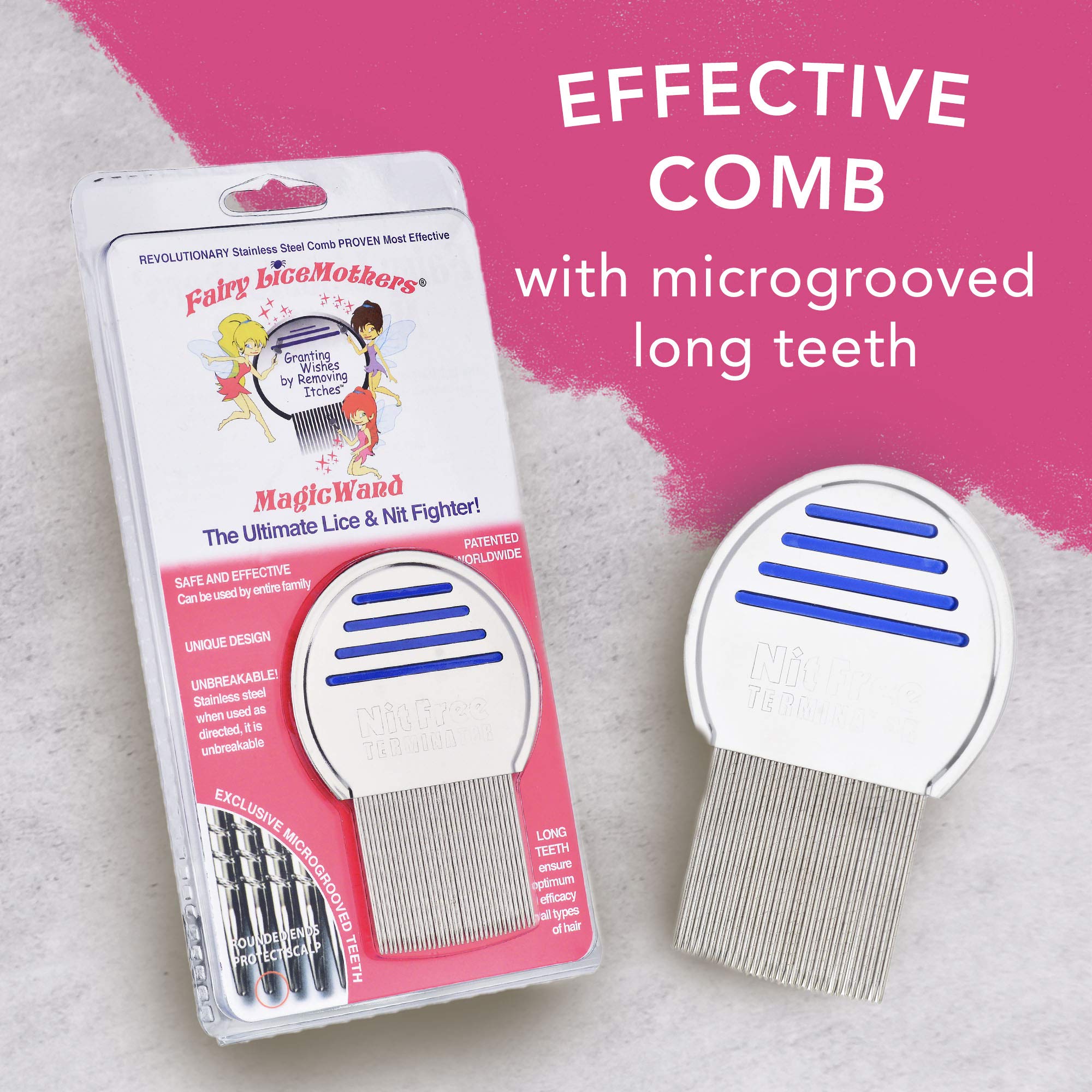 Fairy LiceMothers MagicWand Metal Lice Comb - Head Lice comb for Lice Eggs - Nit Free - Durable & Easy to Use - Gentle Lice Remo