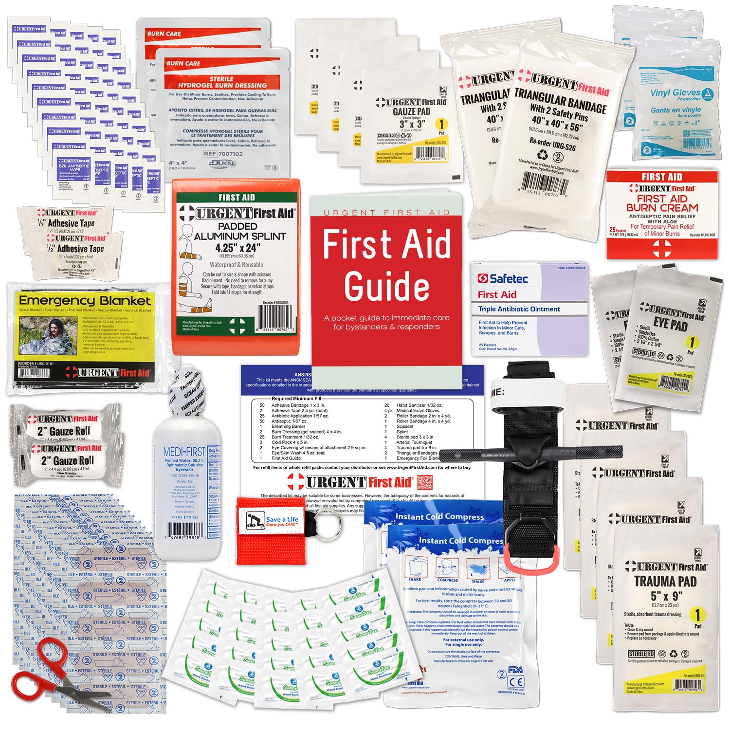 OSHA & ANSI First Aid Kit Refill/Upgrade, 50 Person, 208 Pieces, ANSI 2021 Class B - Includes Splint, Tourniquet, Tools, Single