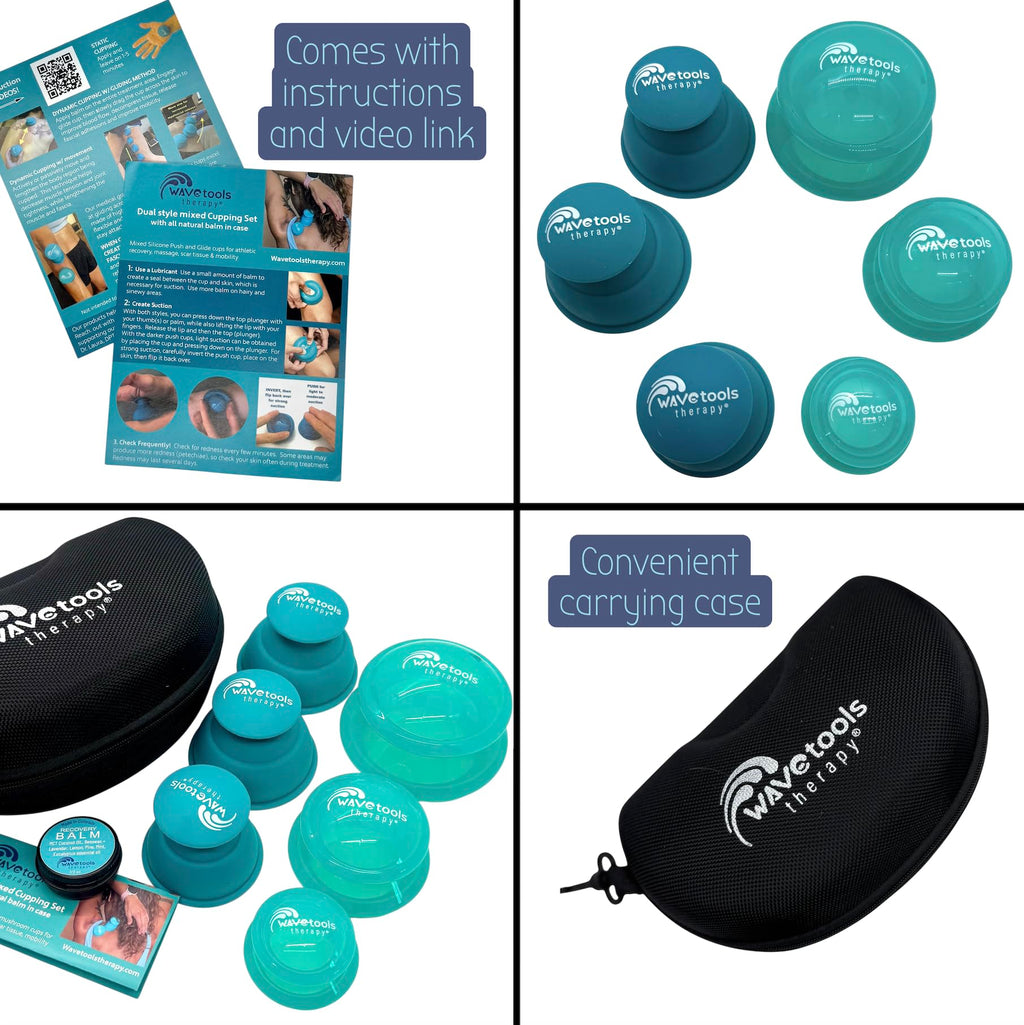 Dual Style Silicone Massage Cupping Therapy Set with All Natural Balm, Mixed 4 or 6 Packs with case (6 Pack, Clear Teal Glide Cu