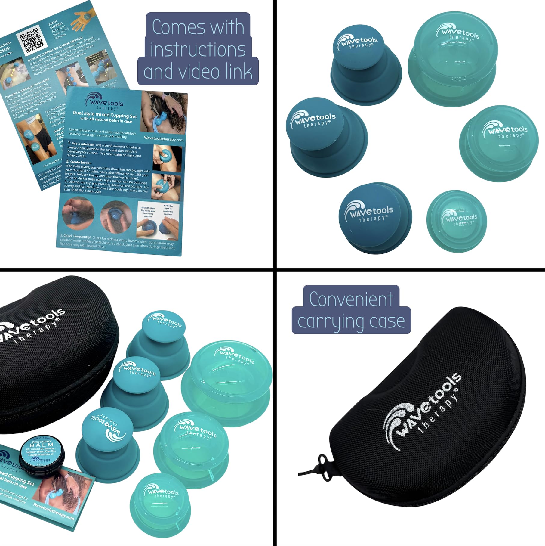 Dual Style Silicone Massage Cupping Therapy Set with All Natural Balm, Mixed 4 or 6 Packs with case (6 Pack, Clear Teal Glide Cu