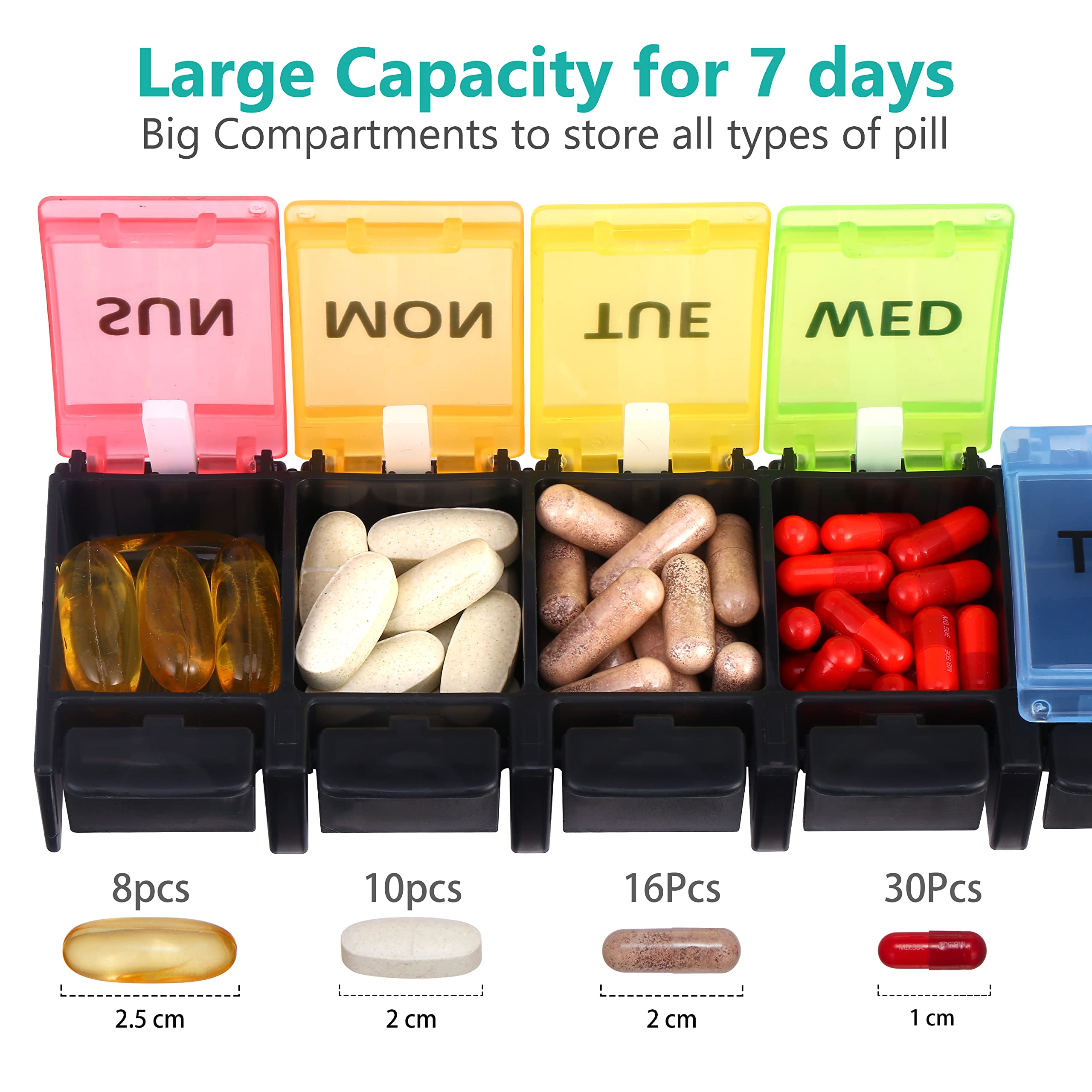 Fullicon Weekly Pill Box Organizer, 7 Day Tablet Boxes for Vitamins and Supplements, Easy to Open Large Medicine Box, Portable M