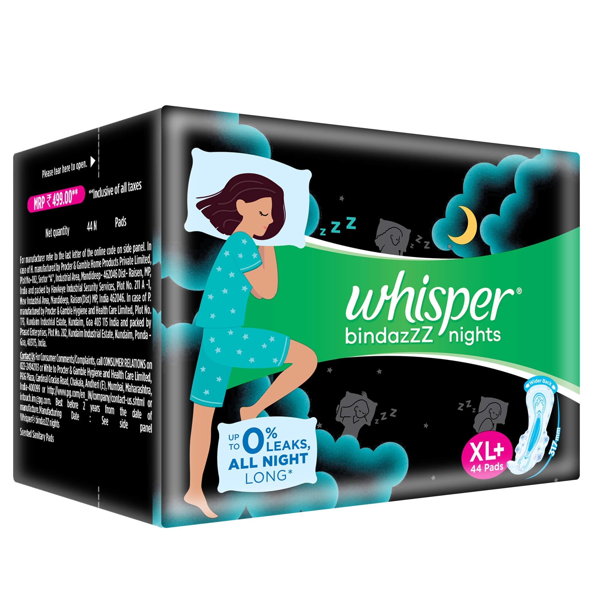 Whisper Ultra Night Sanitary Pads for Women, XL+ 44 Napkins