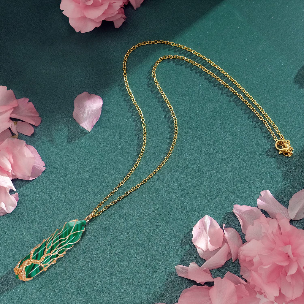 VIBILIA Healing Crystal Necklace Tree of Life Wire Wrapped Malachite Stone Point Pendant Necklace Hexagonal Reiki Spiritual Quar