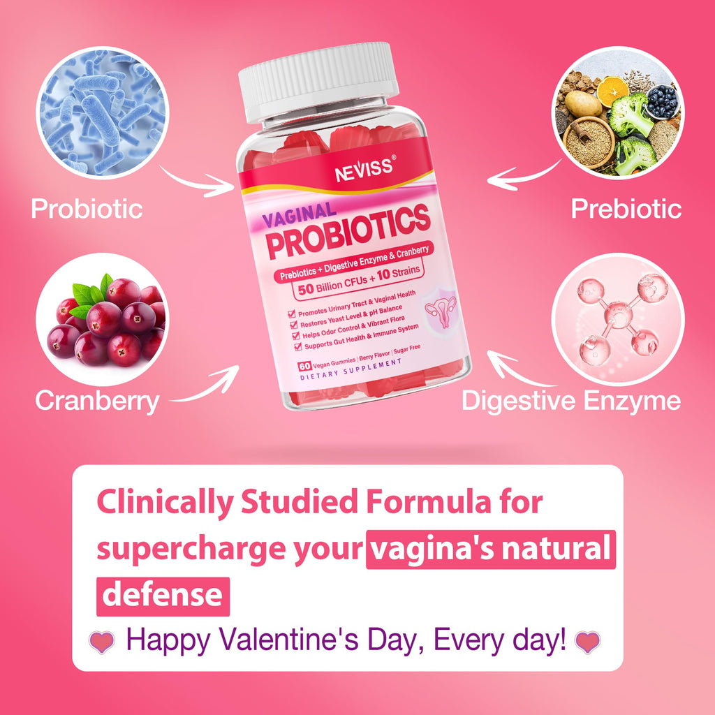 Vaginal Probiotics Gummies for Women PH Balance, Odor Control with Prebiotics, Cranberry, D-Mannose, Promotes Feminine Healthy V