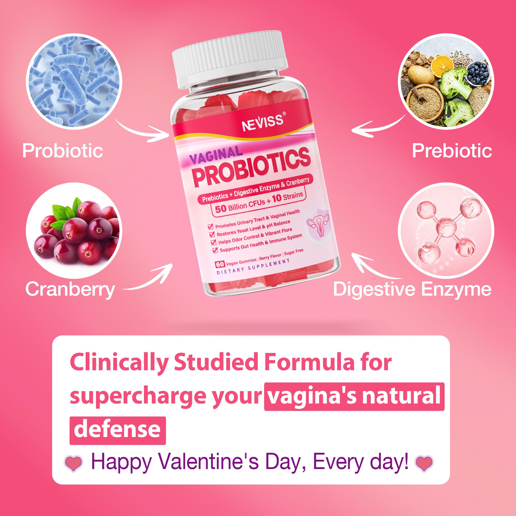 Vaginal Probiotics Gummies for Women PH Balance, Odor Control with Prebiotics, Cranberry, D-Mannose, Promotes Feminine Healthy V