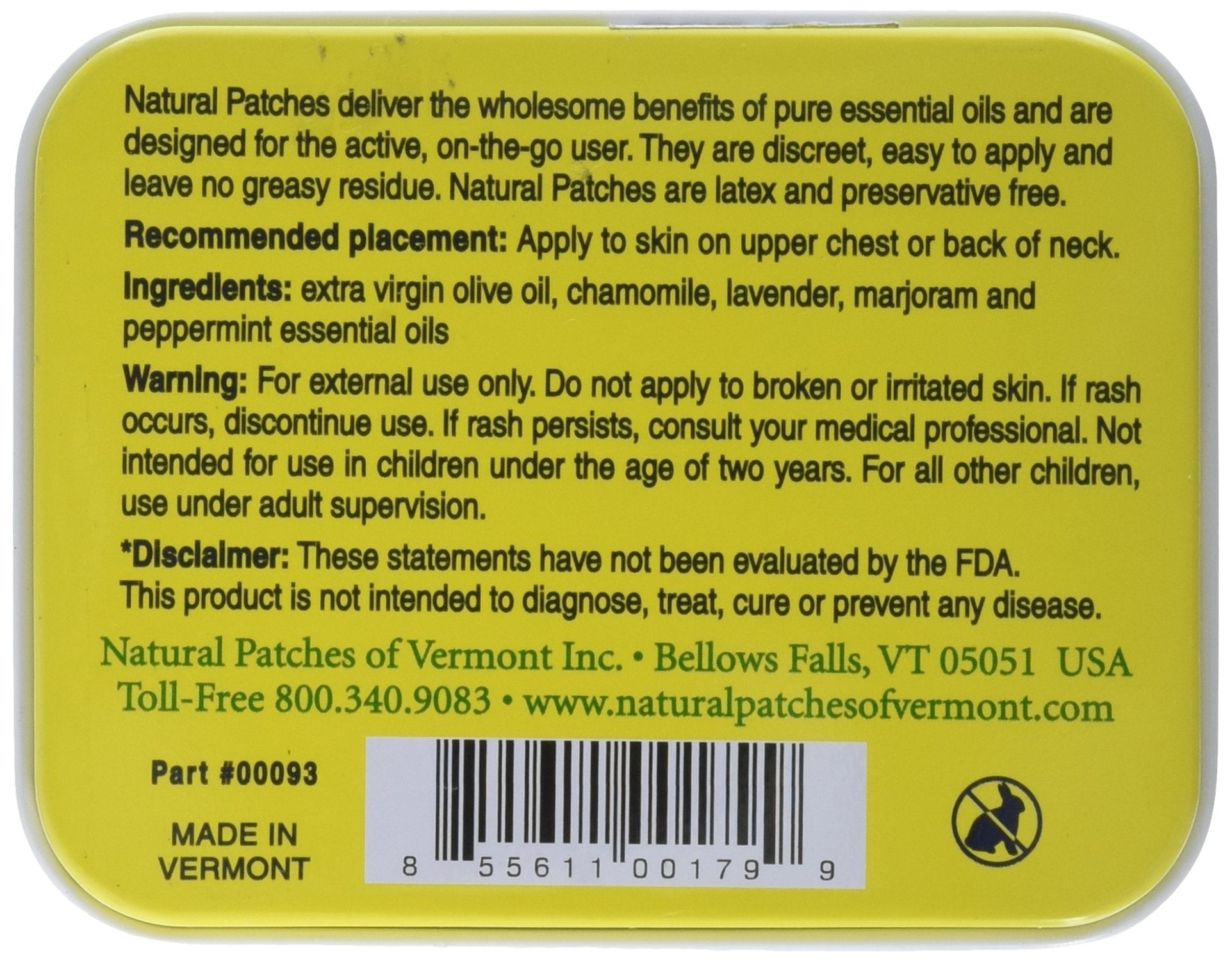 Natural Patches of Vermont Headache & Migraine Comfort Formula Essential Oil Body Patches, Chamomile, 10-Count Tin