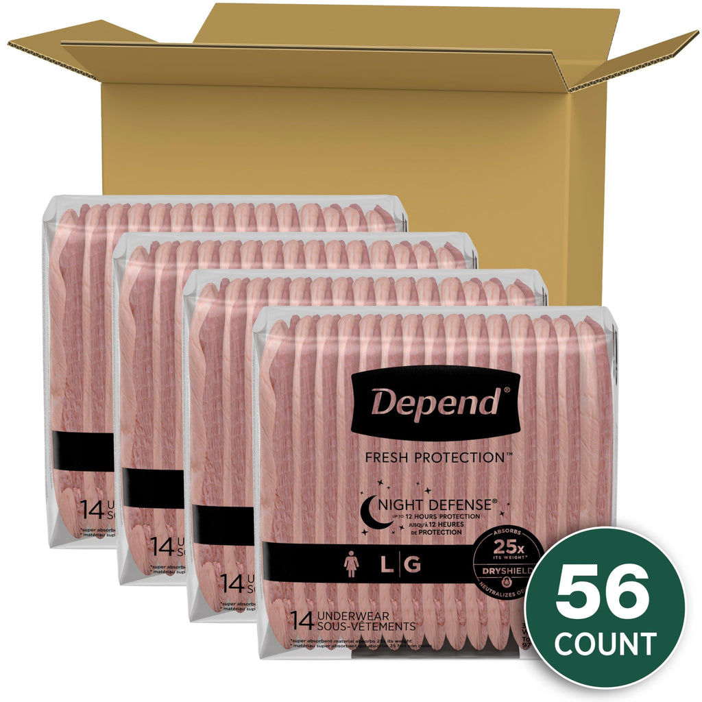 Depend Night Defense Adult Incontinence & Postpartum Bladder Leak Underwear for Women, Disposable, Overnight, Large, Blush, 56 C
