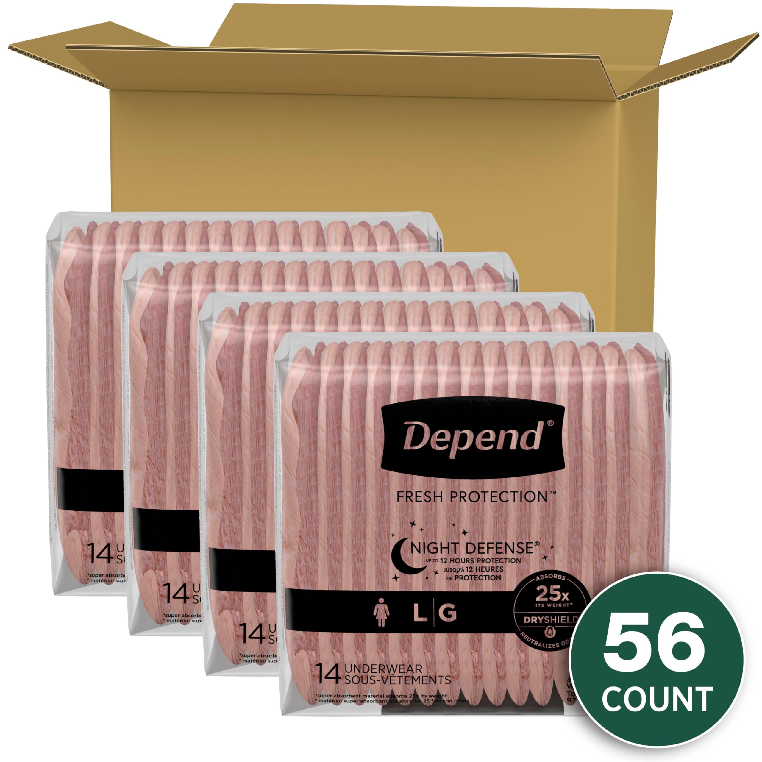 Depend Night Defense Adult Incontinence & Postpartum Bladder Leak Underwear for Women, Disposable, Overnight, Large, Blush, 56 C