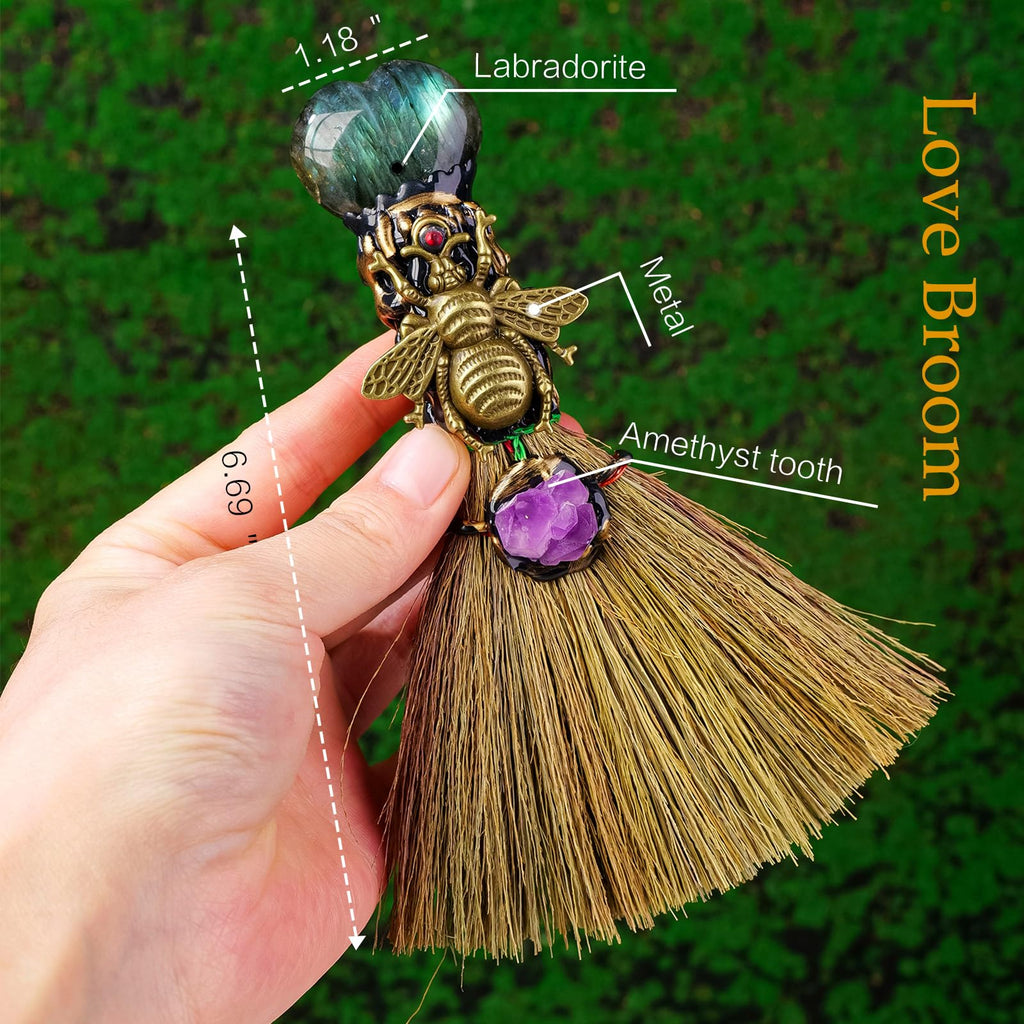 RJINGSHI Natural Labradorite Magic Broom Love Crystal Witch Broom Reiki Healing Crystal Handmade for Cleansing Bedroom Office Ho